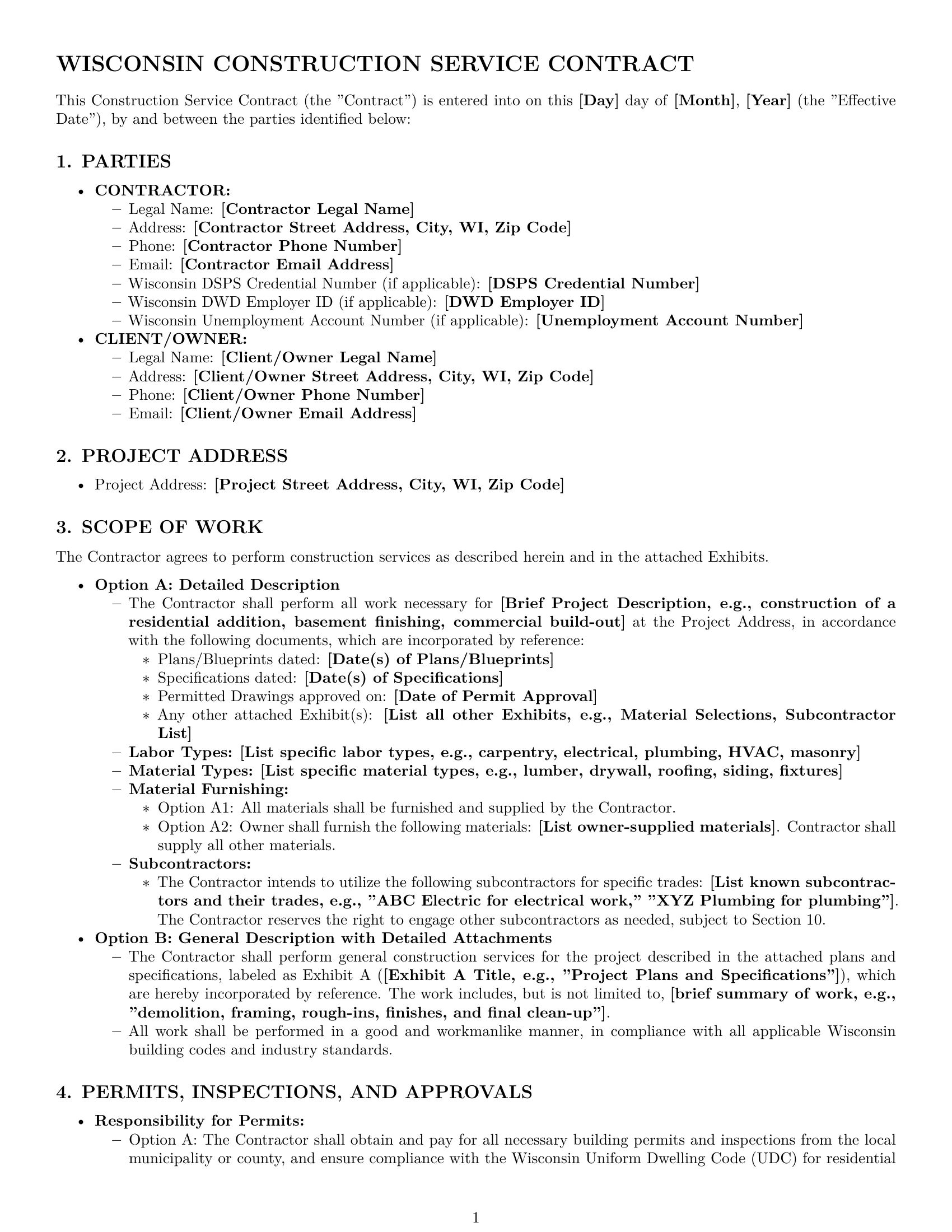 Preview page 1 of Pro Wisconsin construction service contract template
