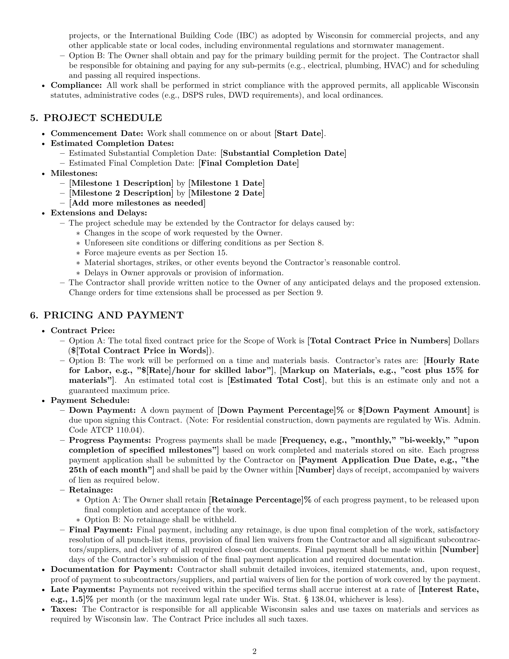 Preview page 2 of Pro Wisconsin construction service contract template