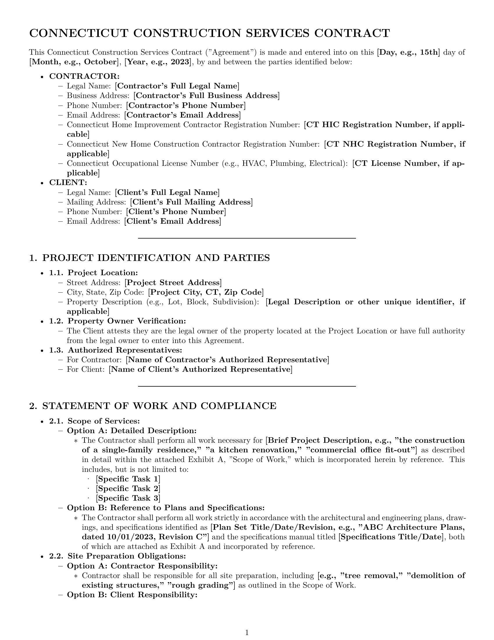 Preview page 1 of Pro Connecticut construction service contract template