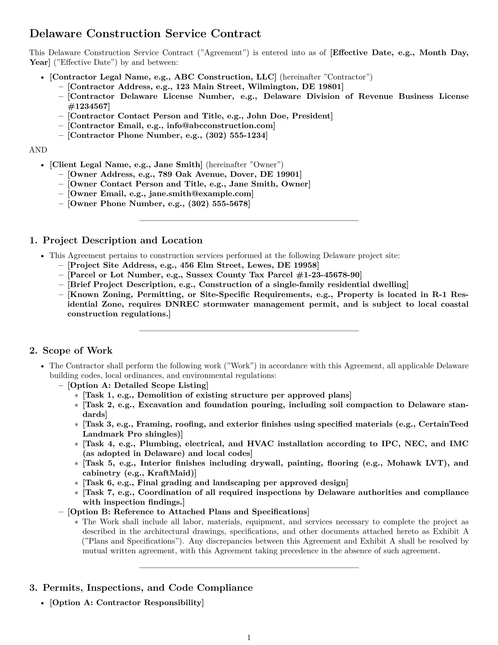 Preview page 1 of Pro Delaware construction service contract template