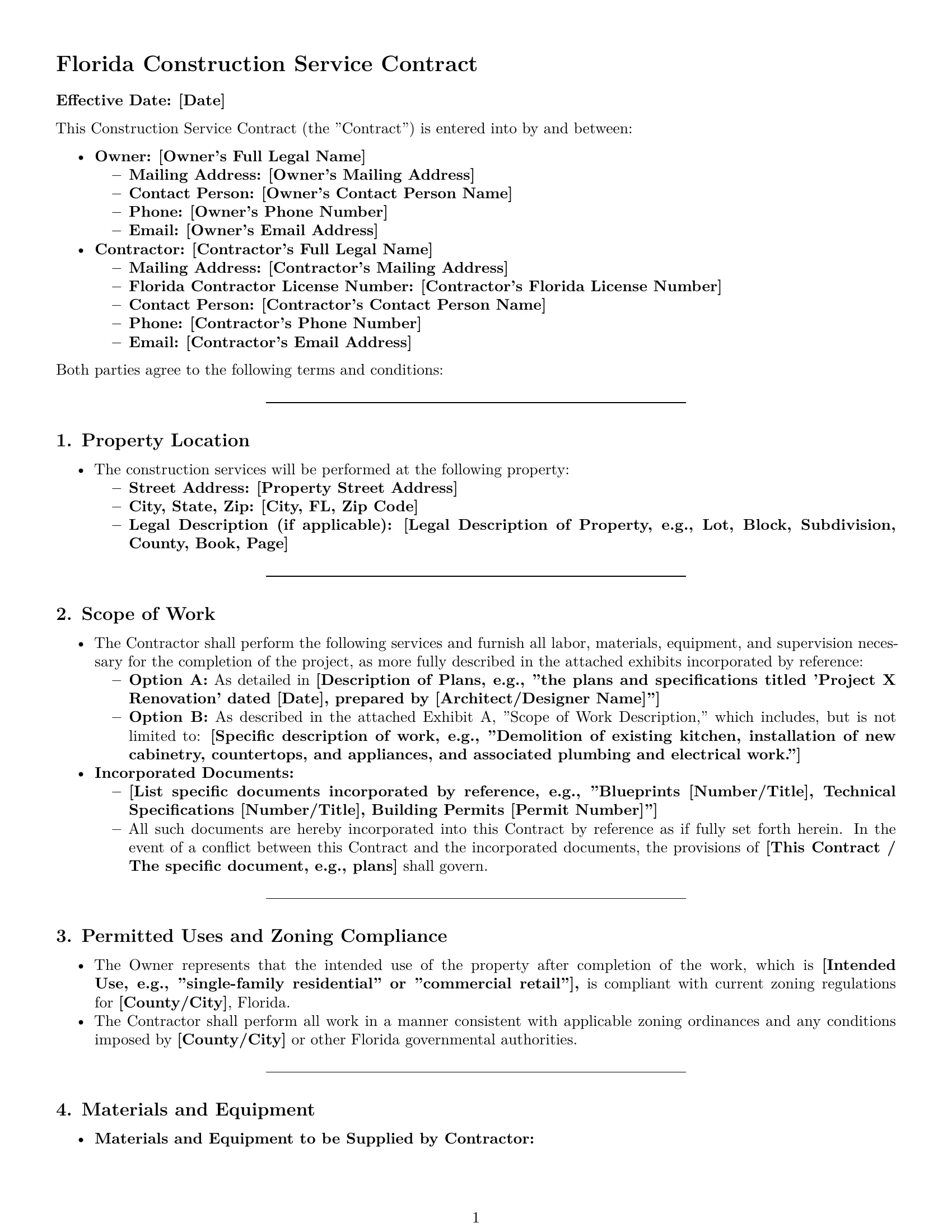 Preview page 1 of Pro Florida construction service contract template
