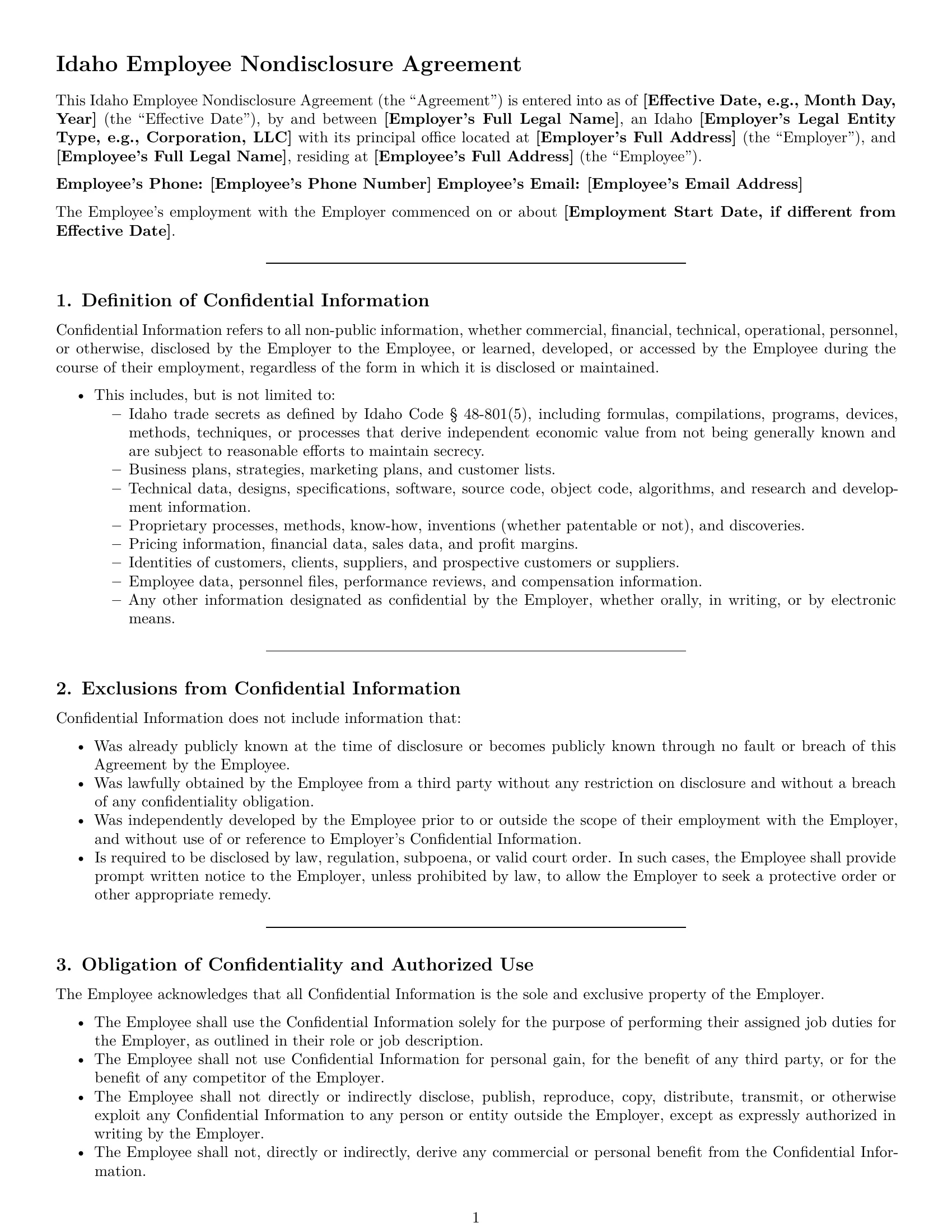 Preview page 1 of Pro Idaho employee nda template