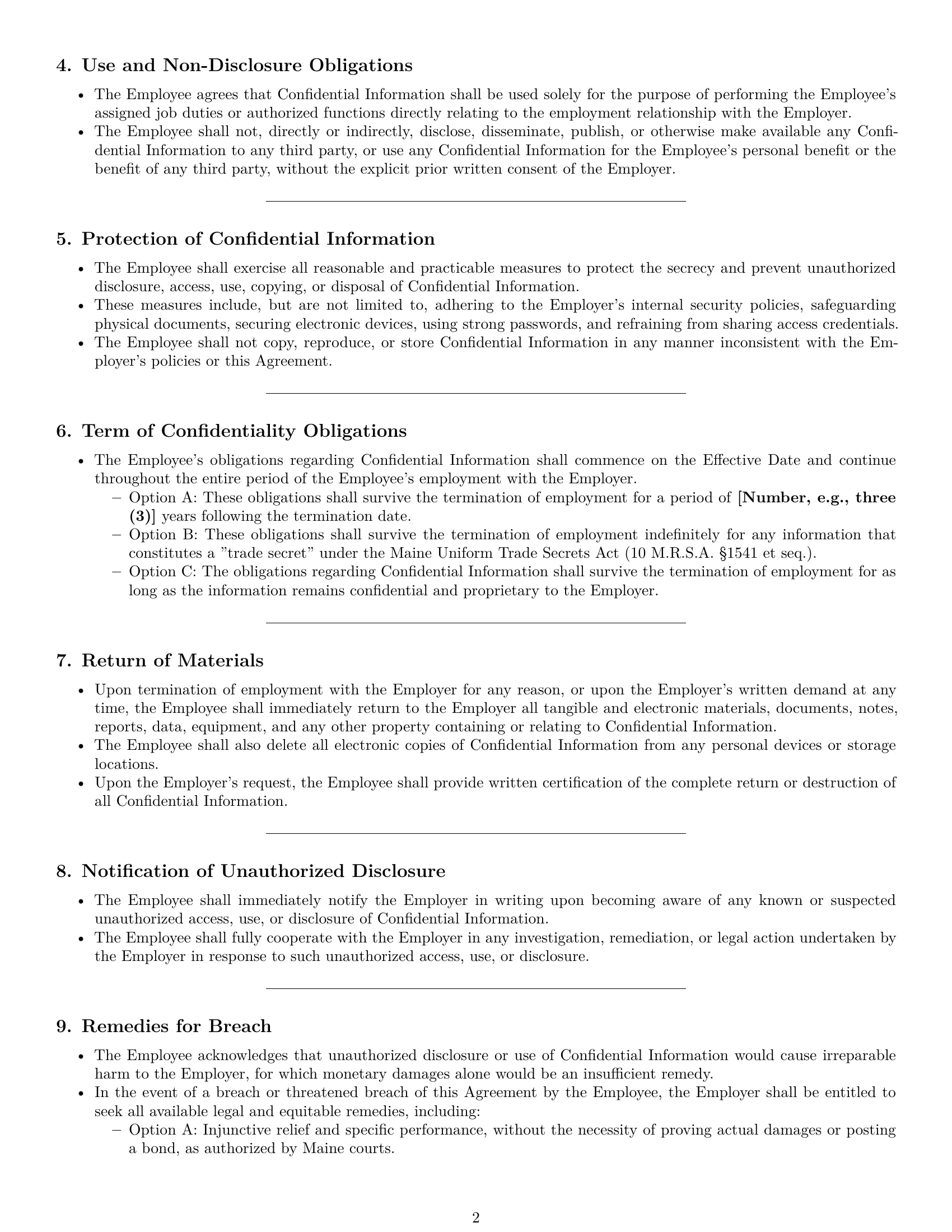 Preview page 2 of Pro Maine employee nda template