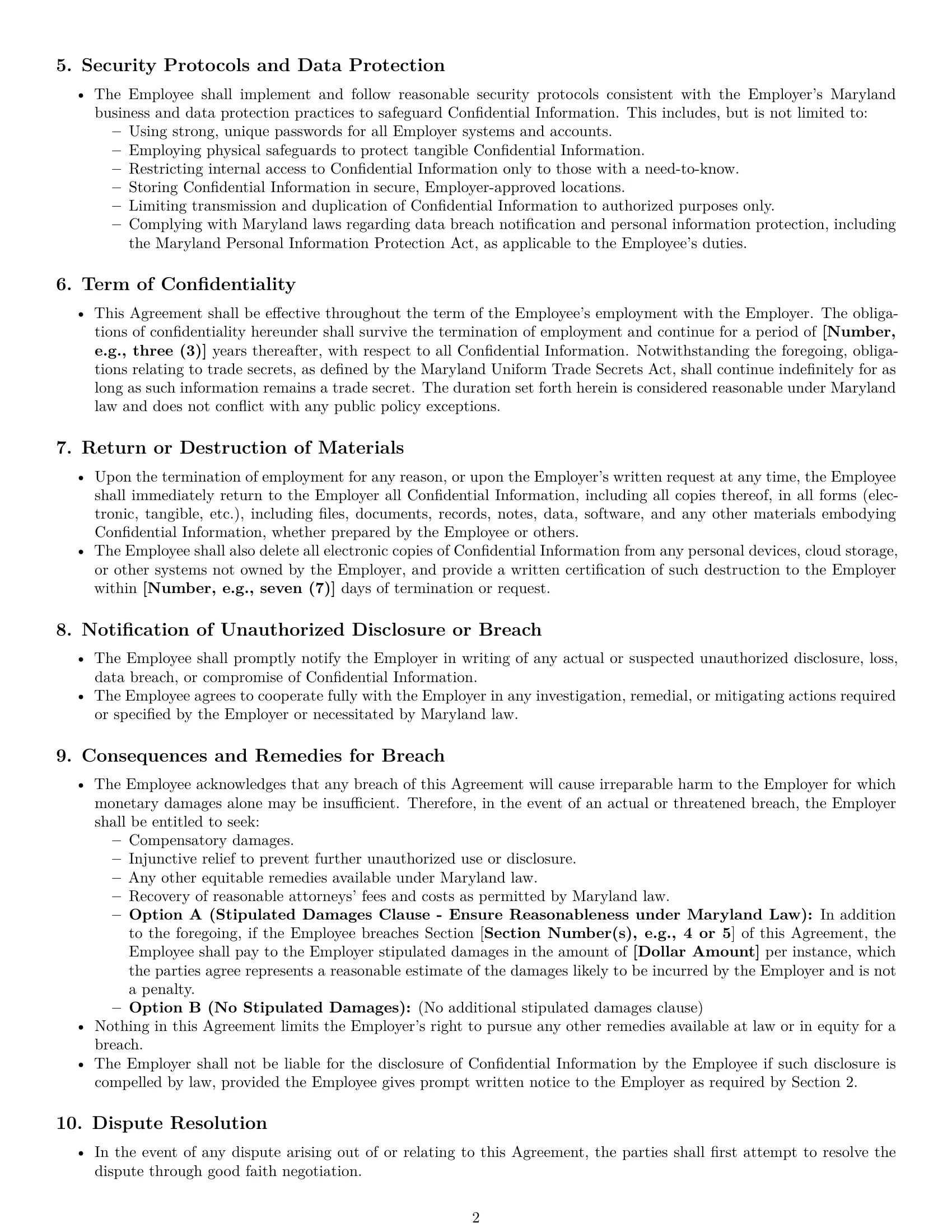 Preview page 2 of Pro Maryland employee nda template