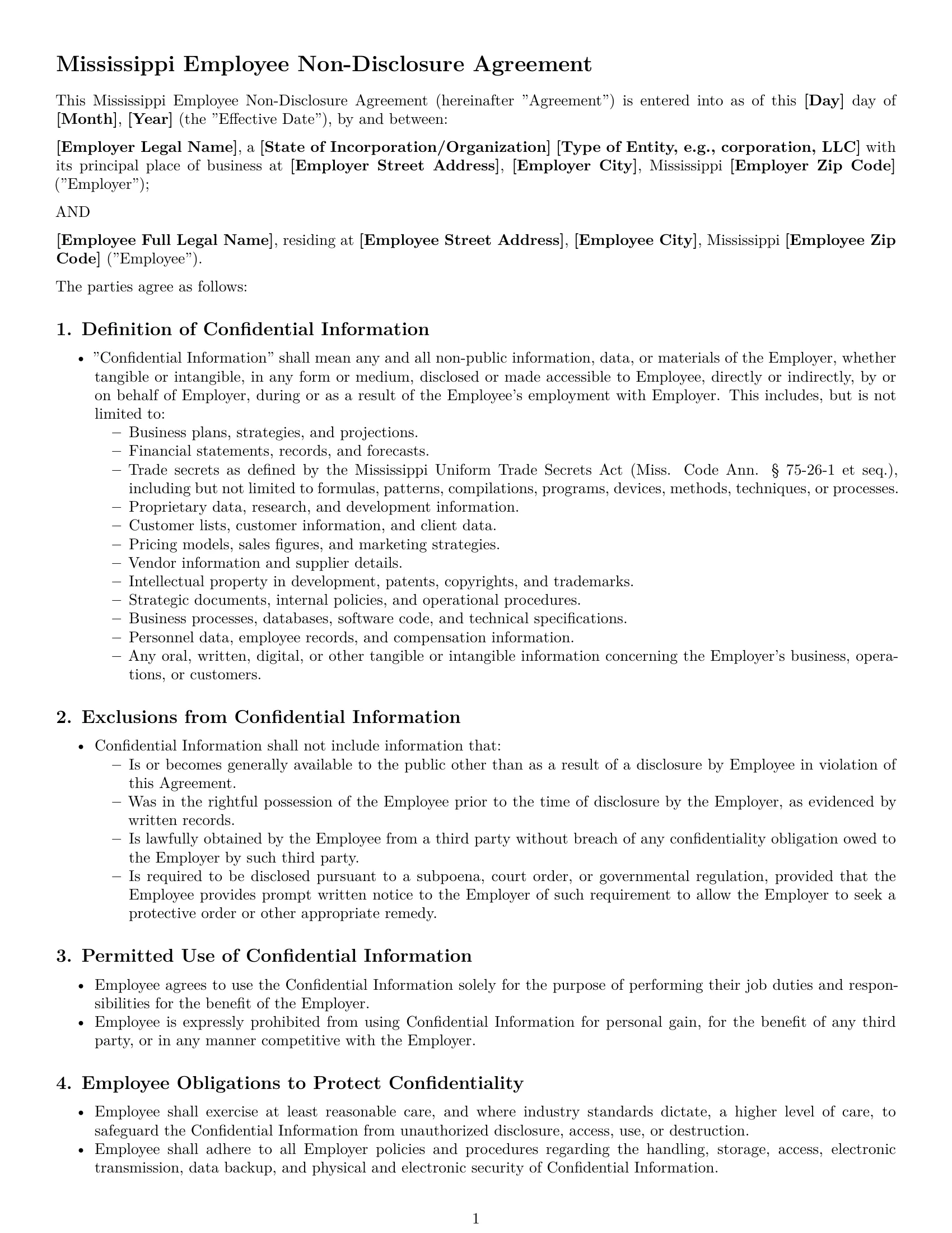 Preview page 1 of Pro Mississippi employee nda template