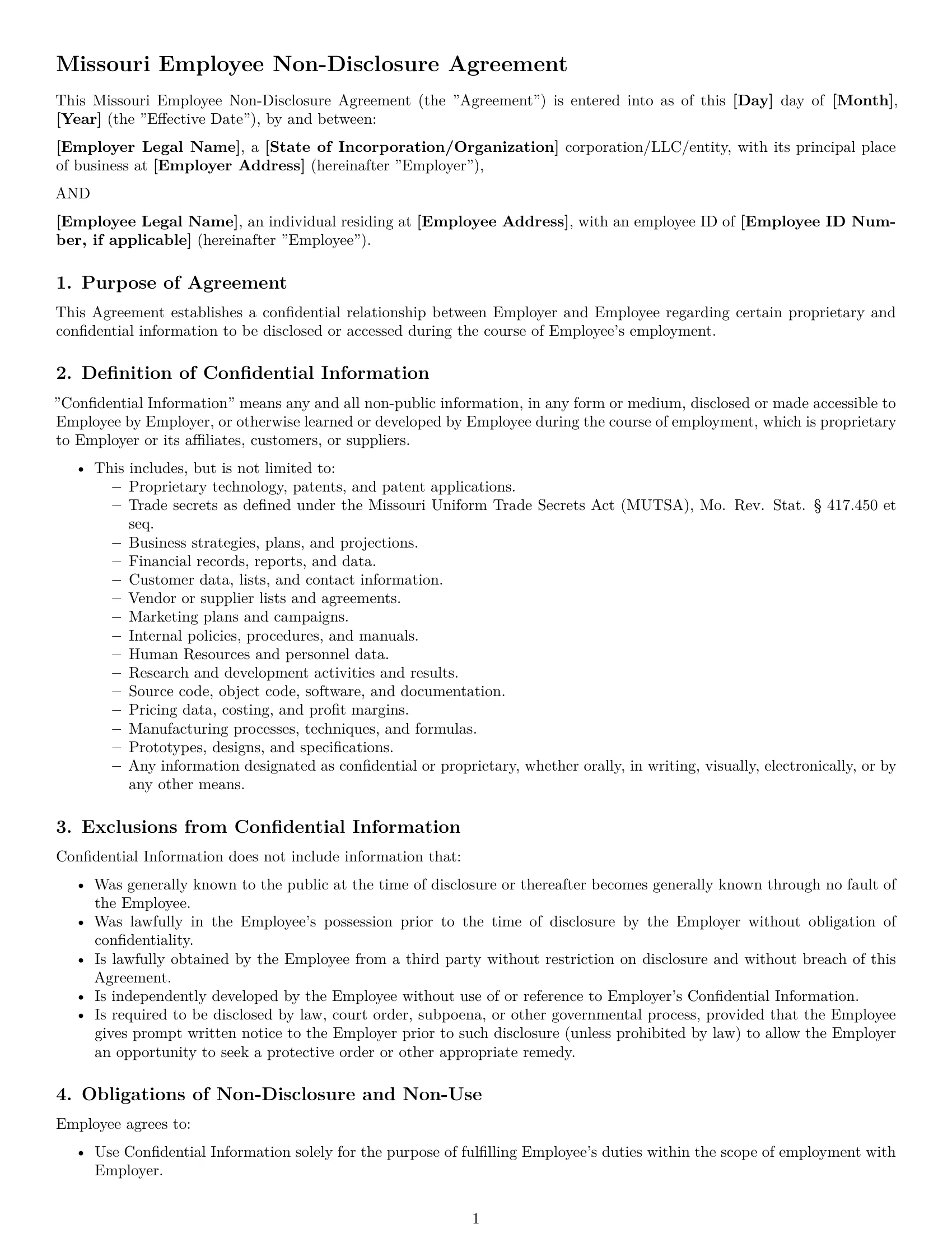Preview page 1 of Pro Missouri employee nda template
