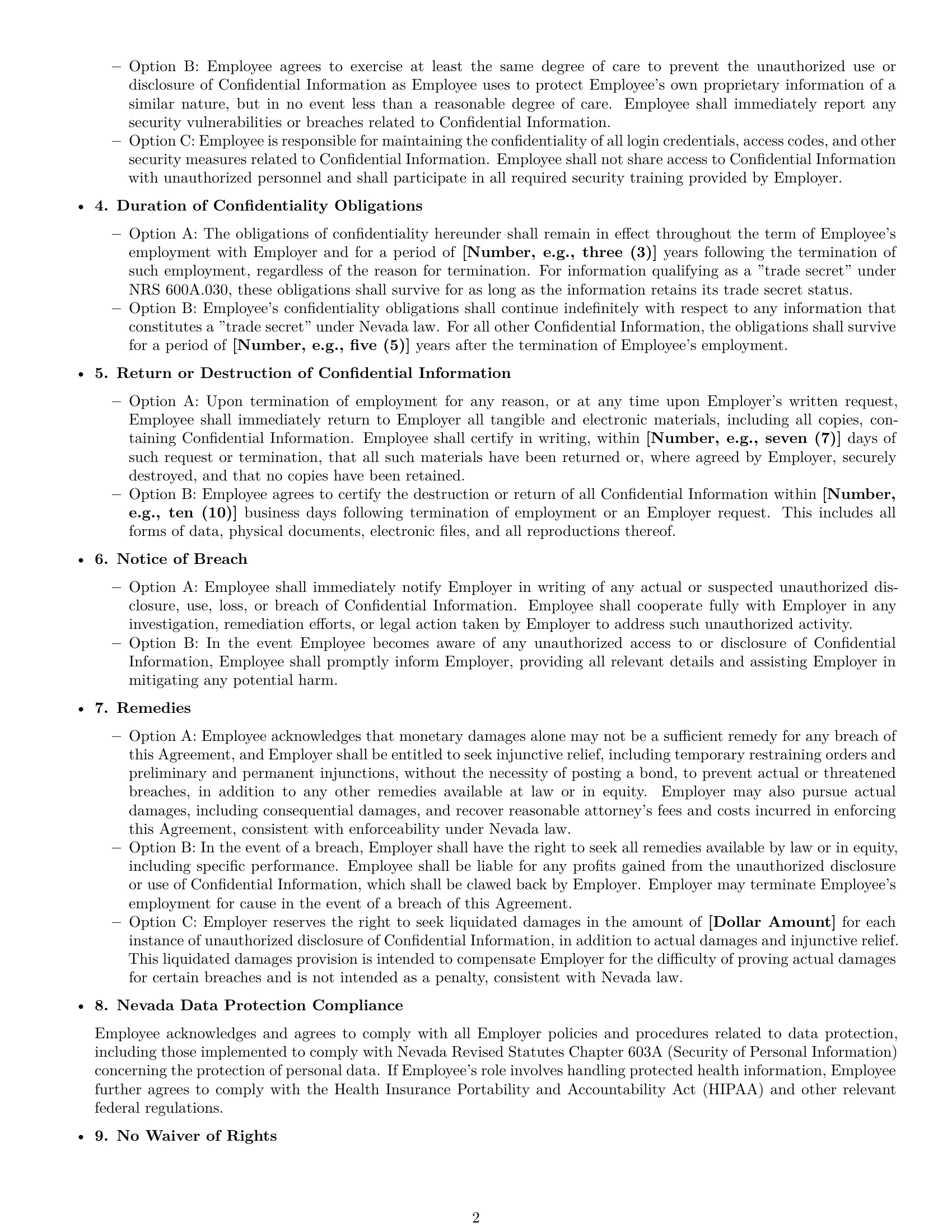 Preview page 2 of Pro Nevada employee nda template