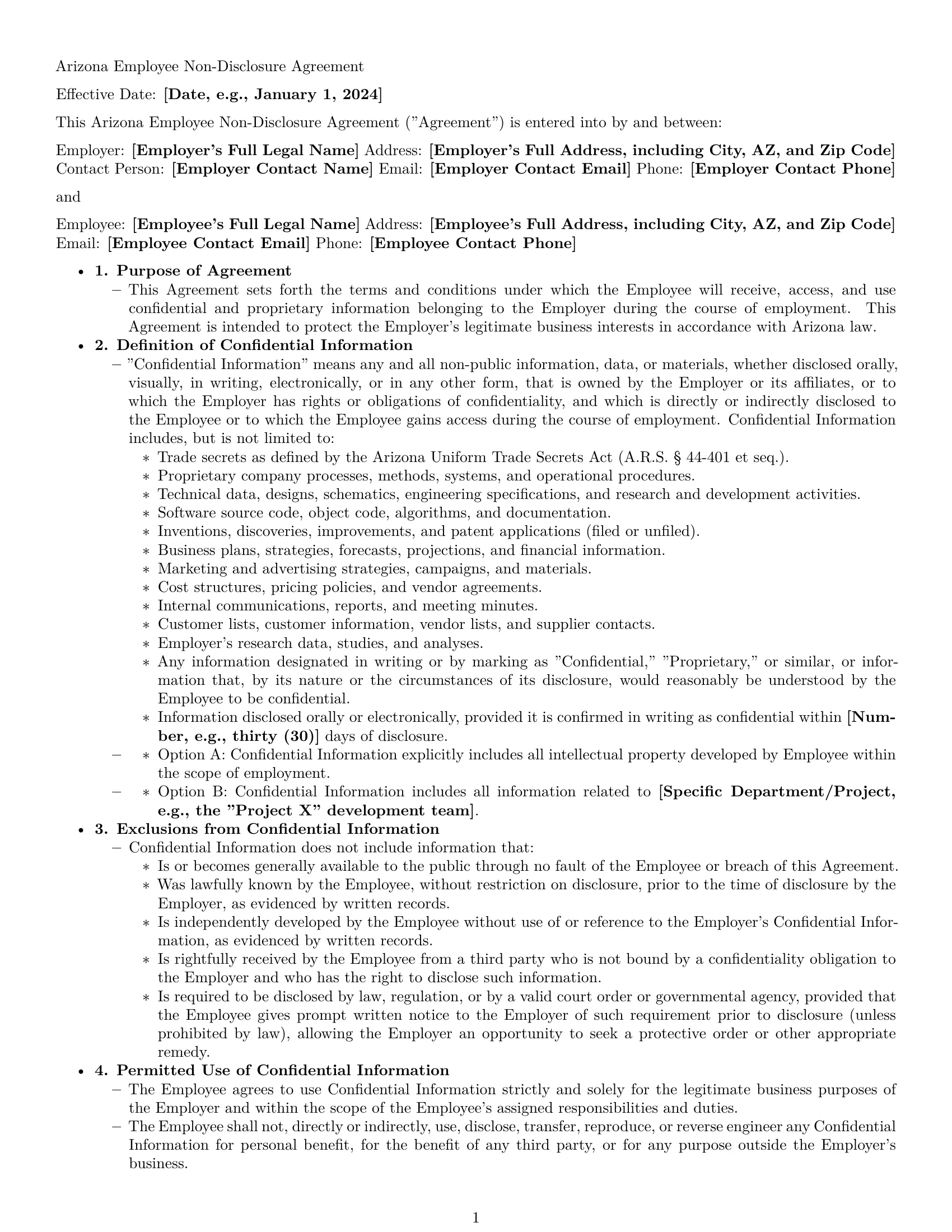 Preview page 1 of Pro Arizona employee nda template