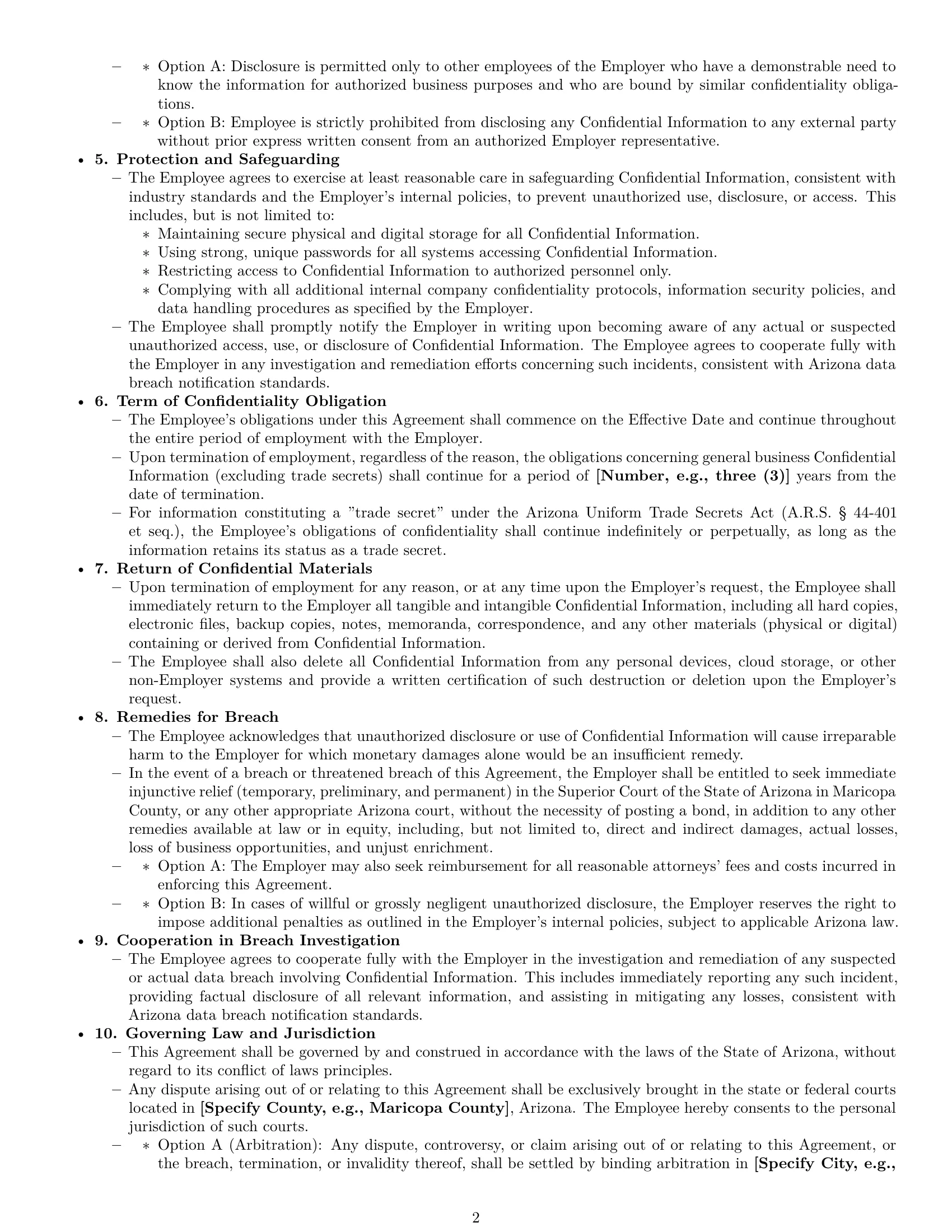 Preview page 2 of Pro Arizona employee nda template