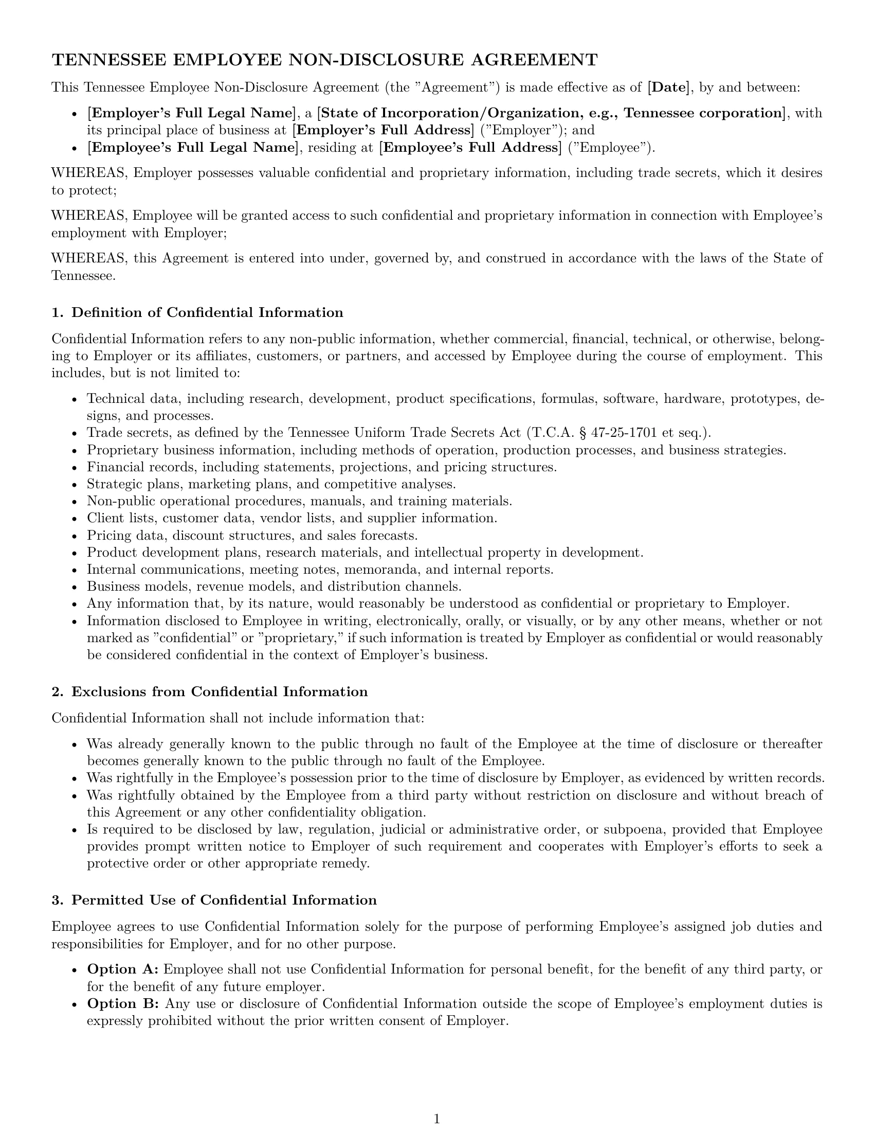 Preview page 1 of Pro Tennessee employee nda template
