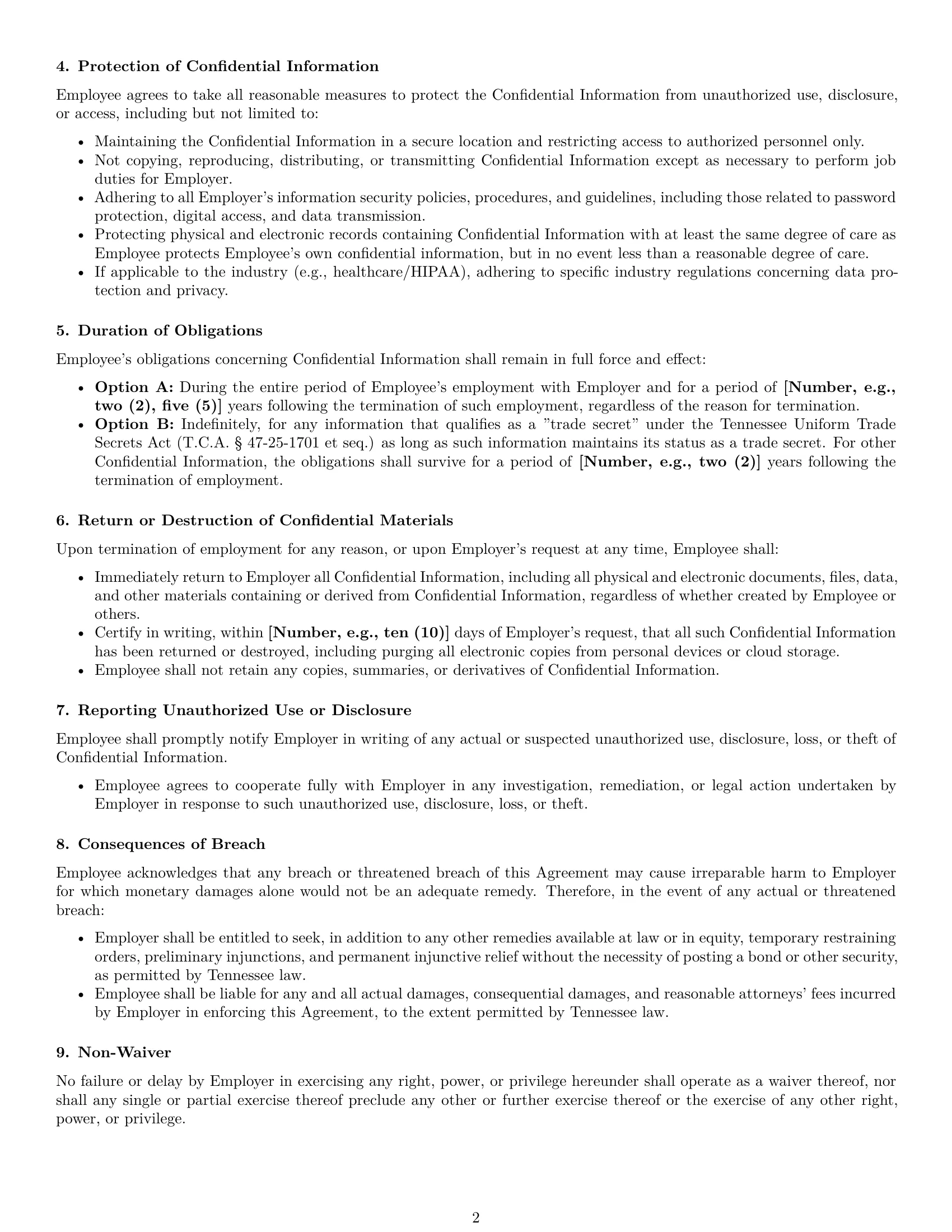 Preview page 2 of Pro Tennessee employee nda template