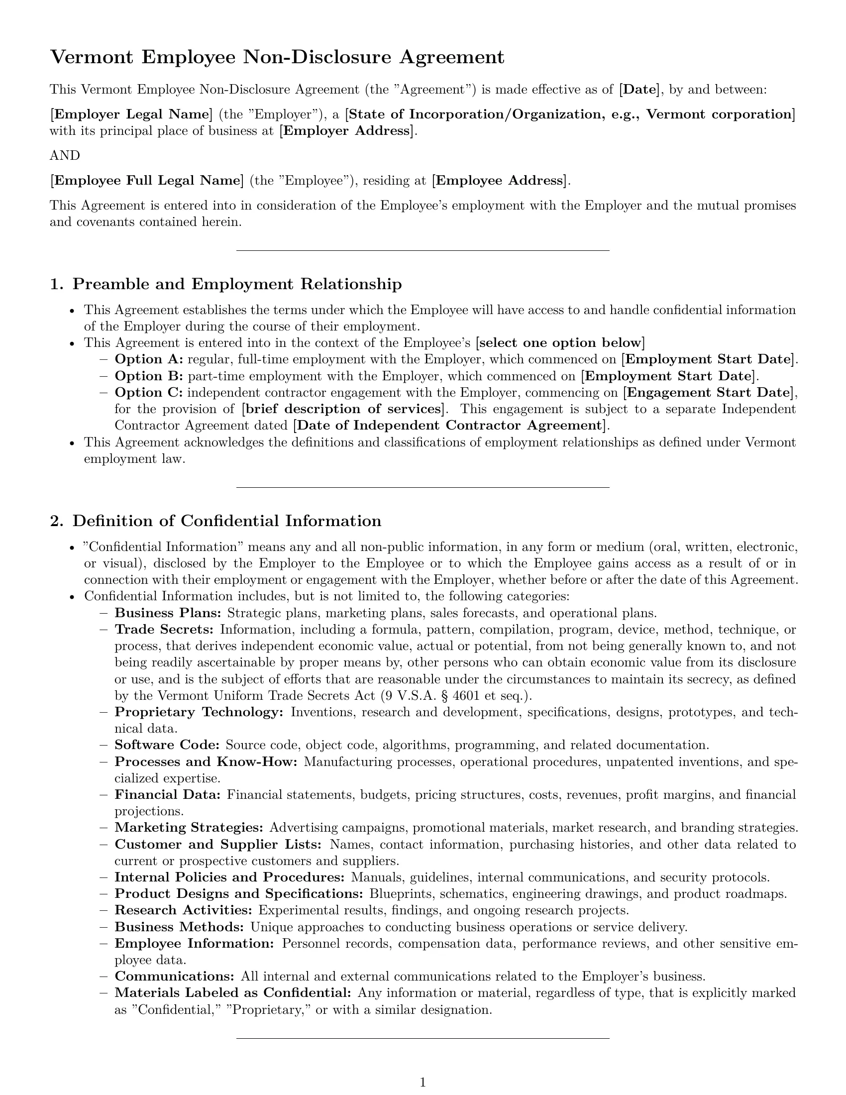 Preview page 1 of Pro Vermont employee nda template