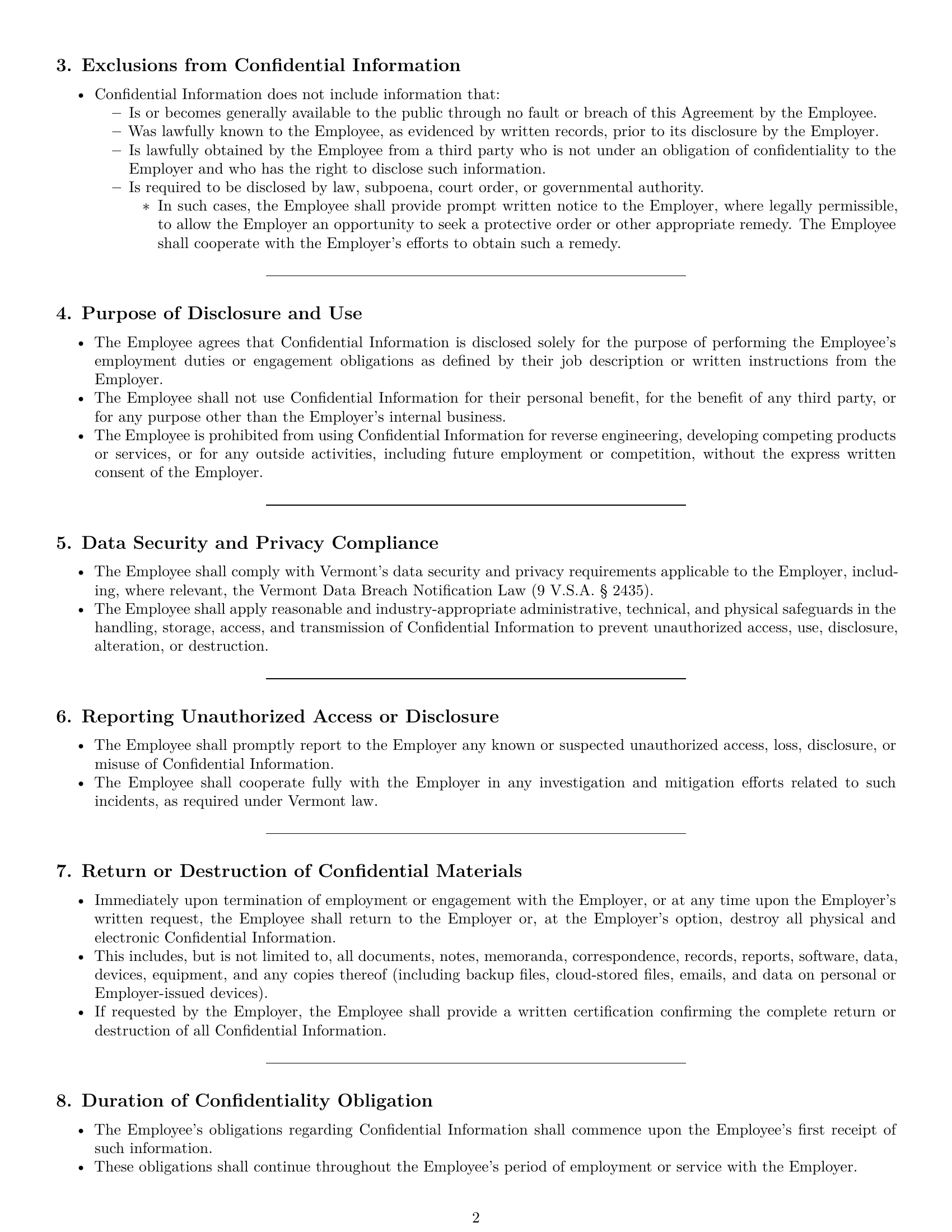 Preview page 2 of Pro Vermont employee nda template