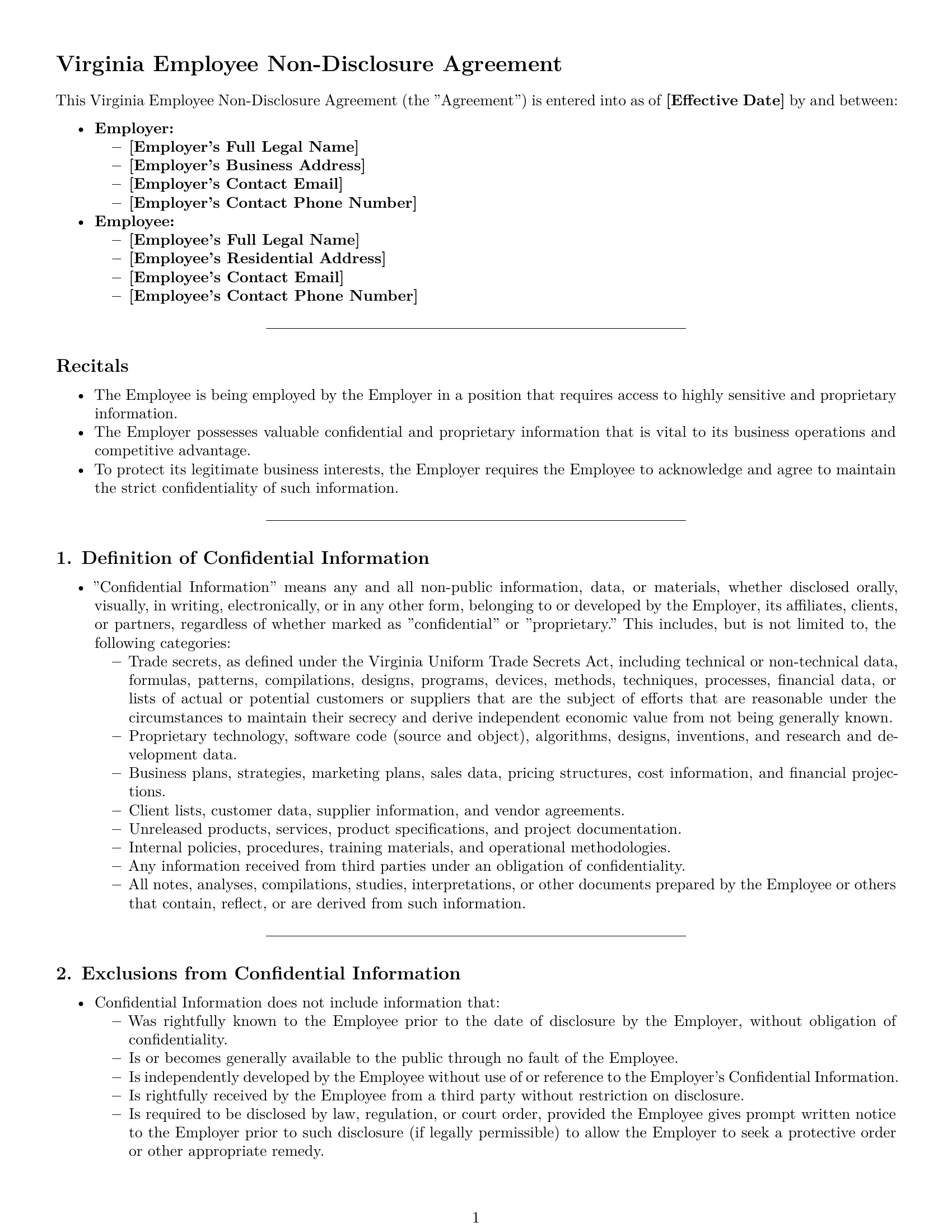 Preview page 1 of Pro Virginia employee nda template