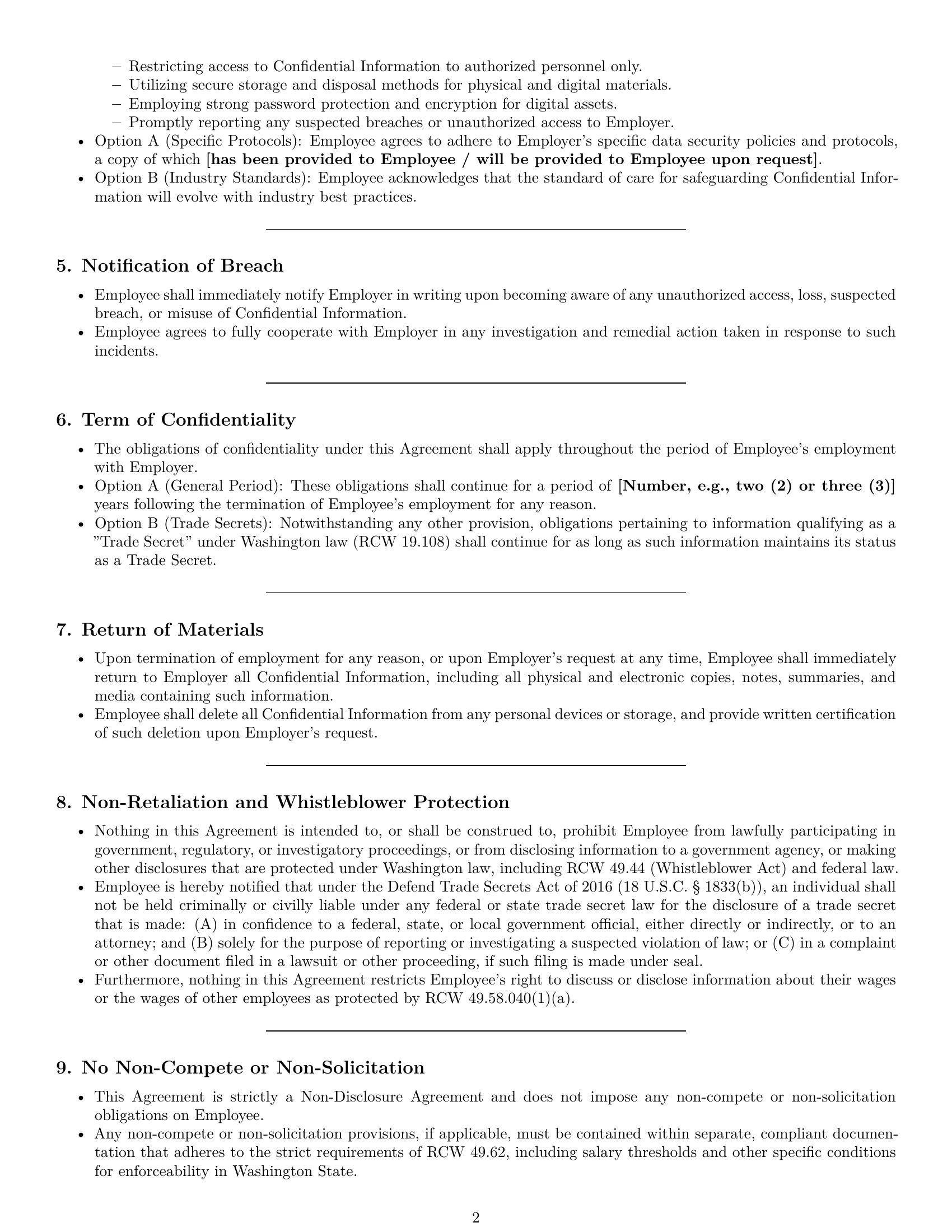 Preview page 2 of Pro Washington employee nda template