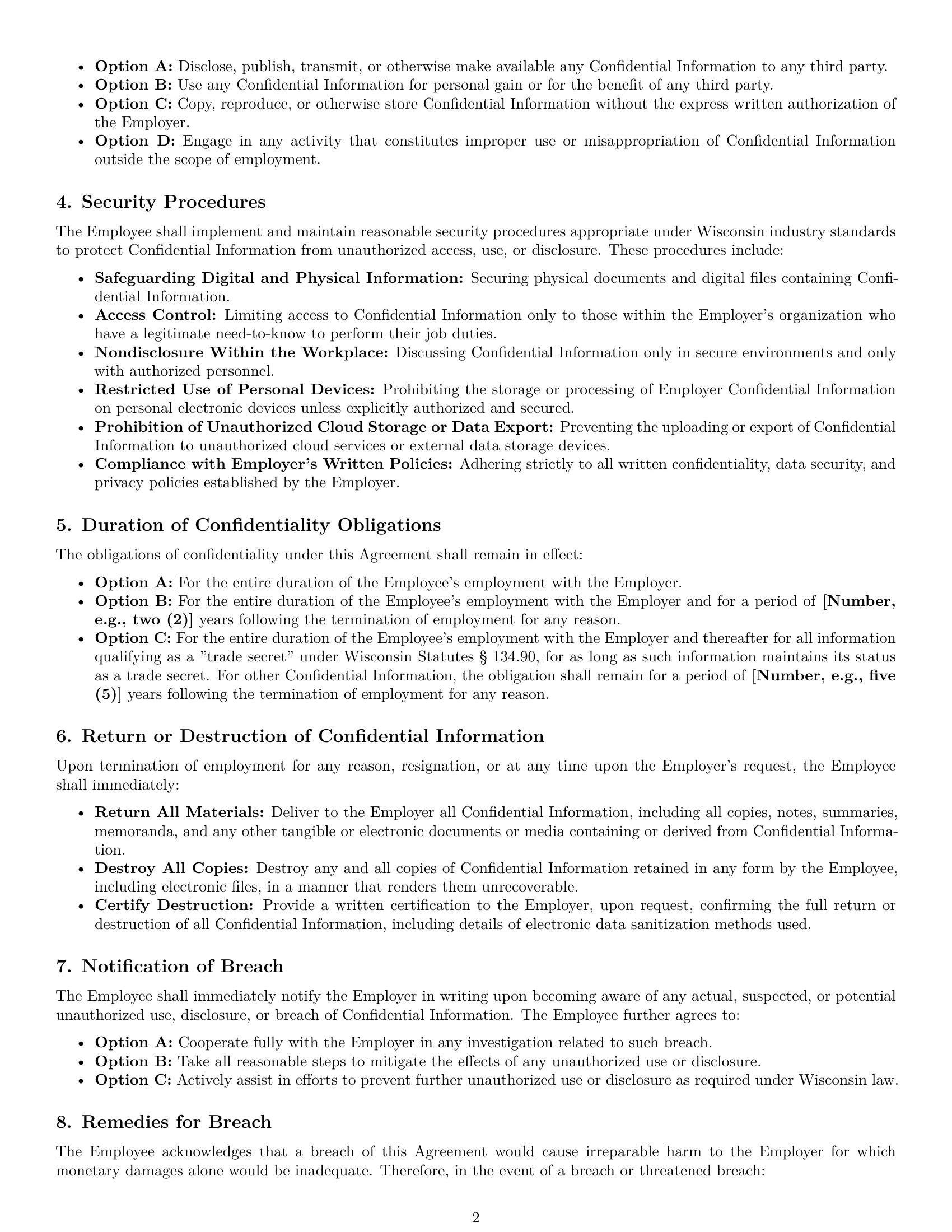 Preview page 2 of Pro Wisconsin employee nda template