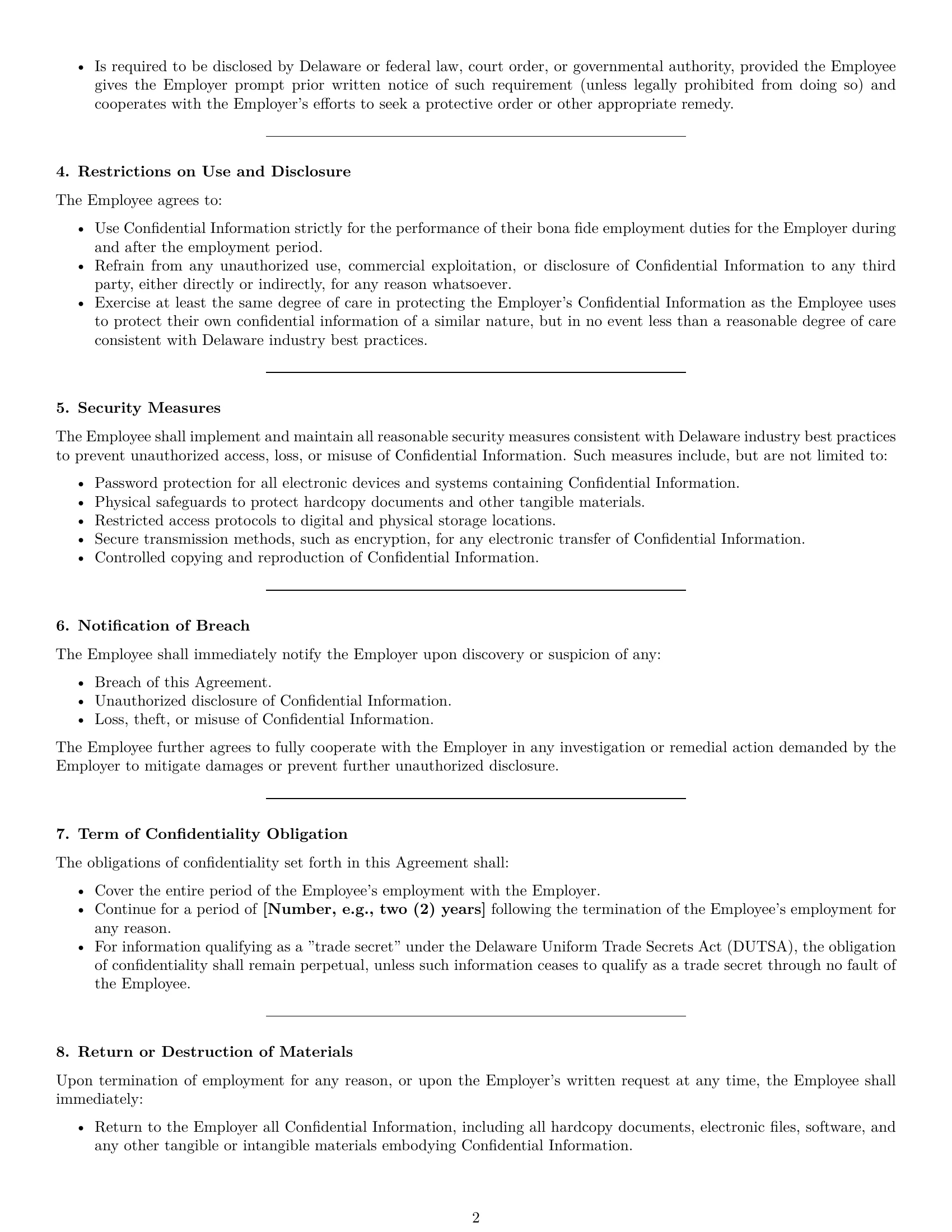 Preview page 2 of Pro Delaware employee nda template