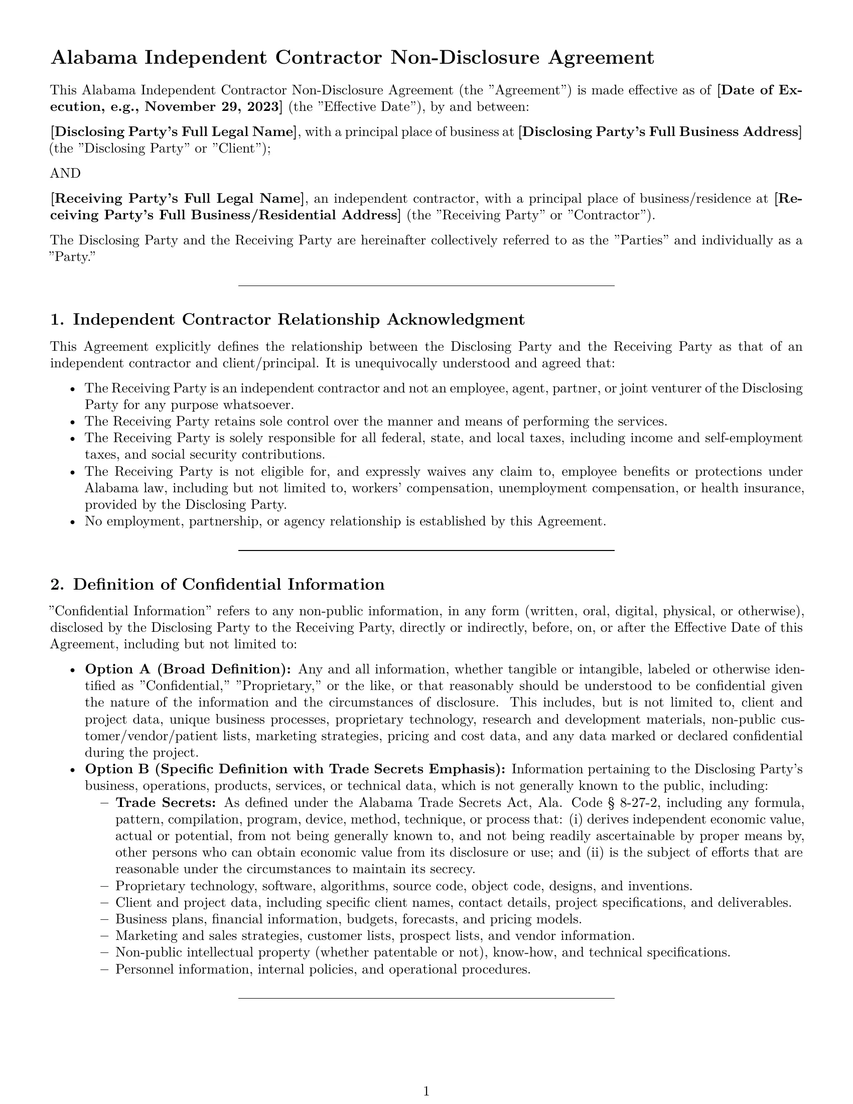 Preview page 1 of Pro Alabama independent contractor nda template