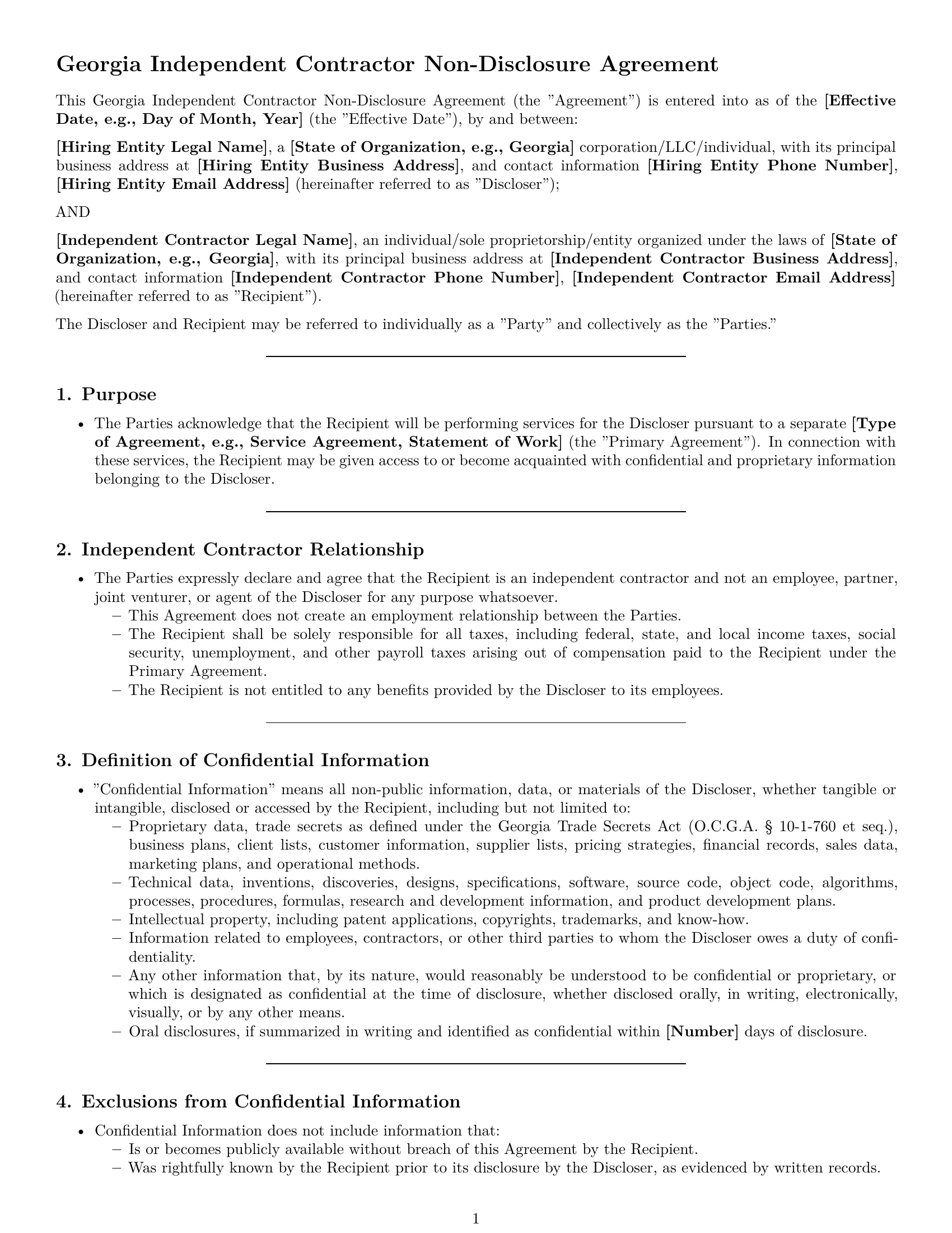 Preview page 1 of Pro Georgia independent contractor nda template