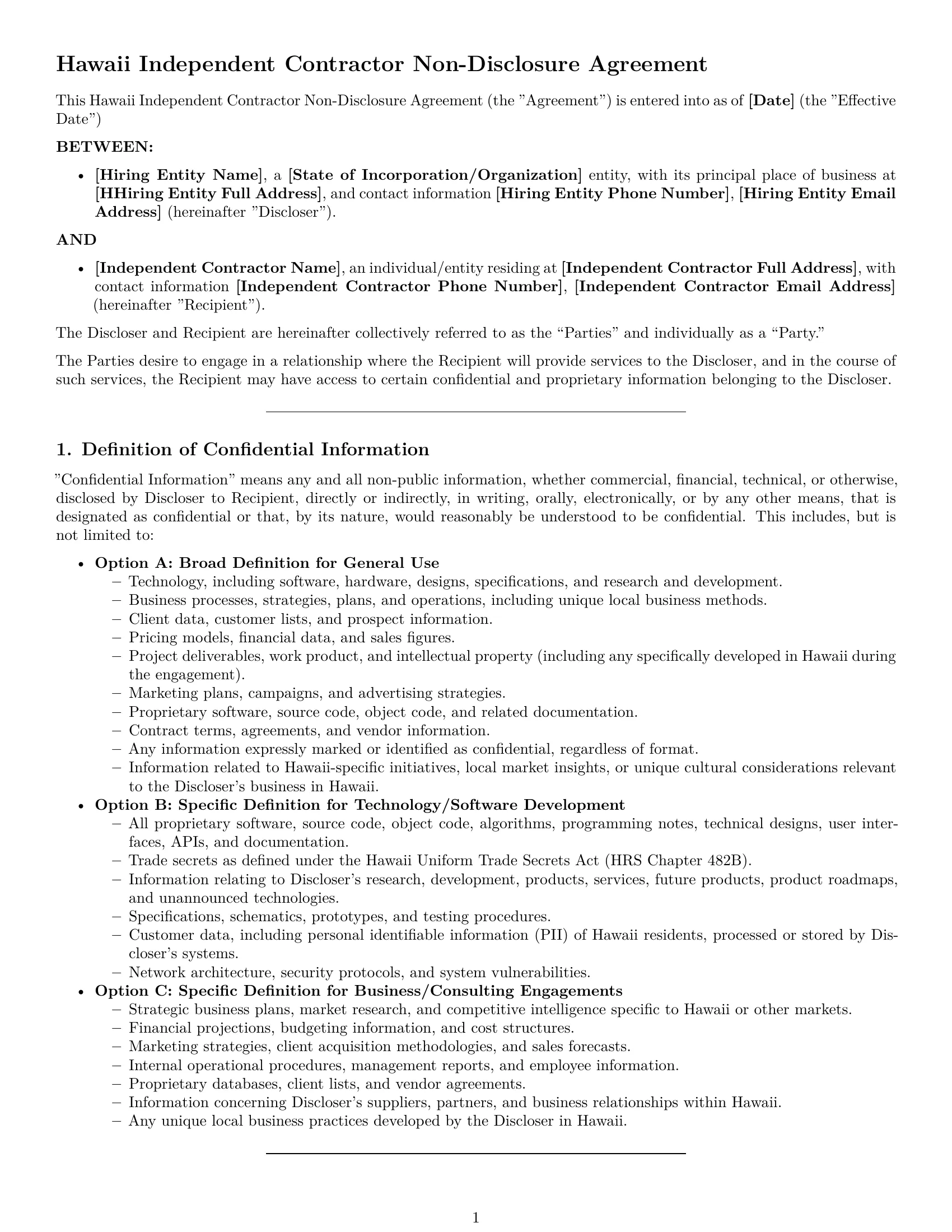 Preview page 1 of Pro Hawaii independent contractor nda template