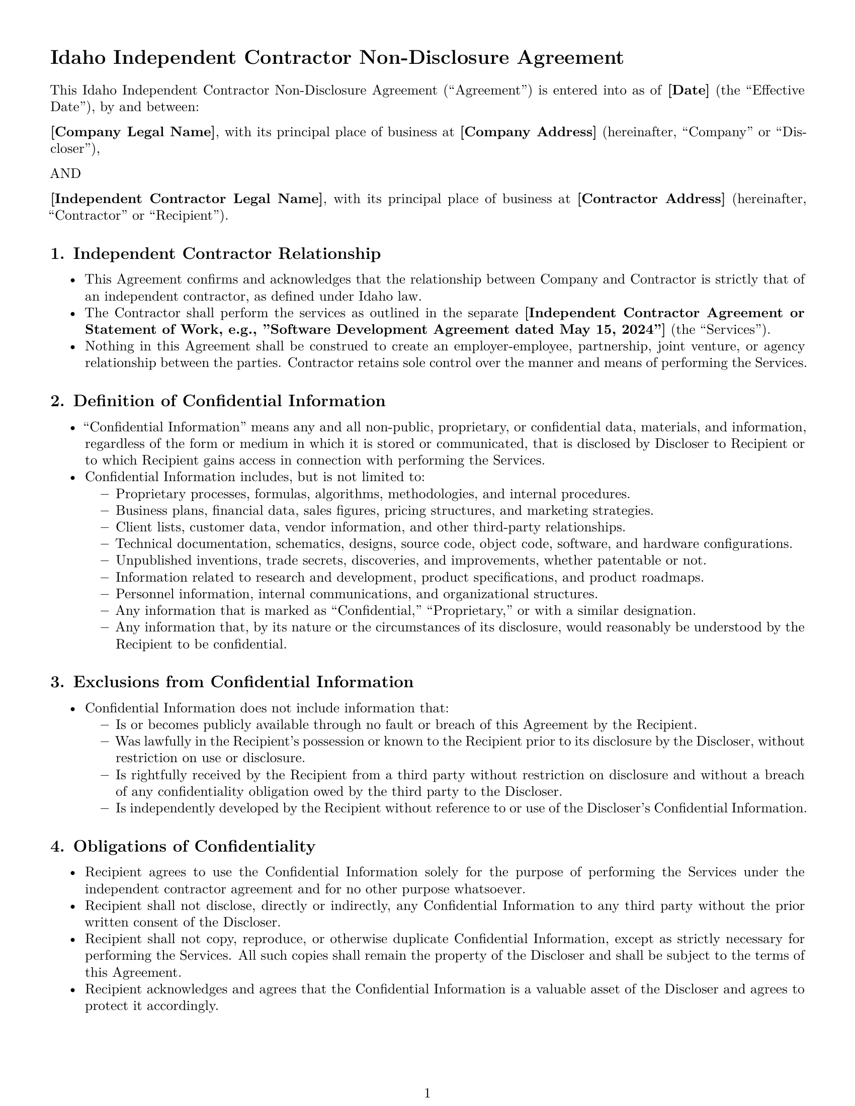 Preview page 1 of Pro Idaho independent contractor nda template