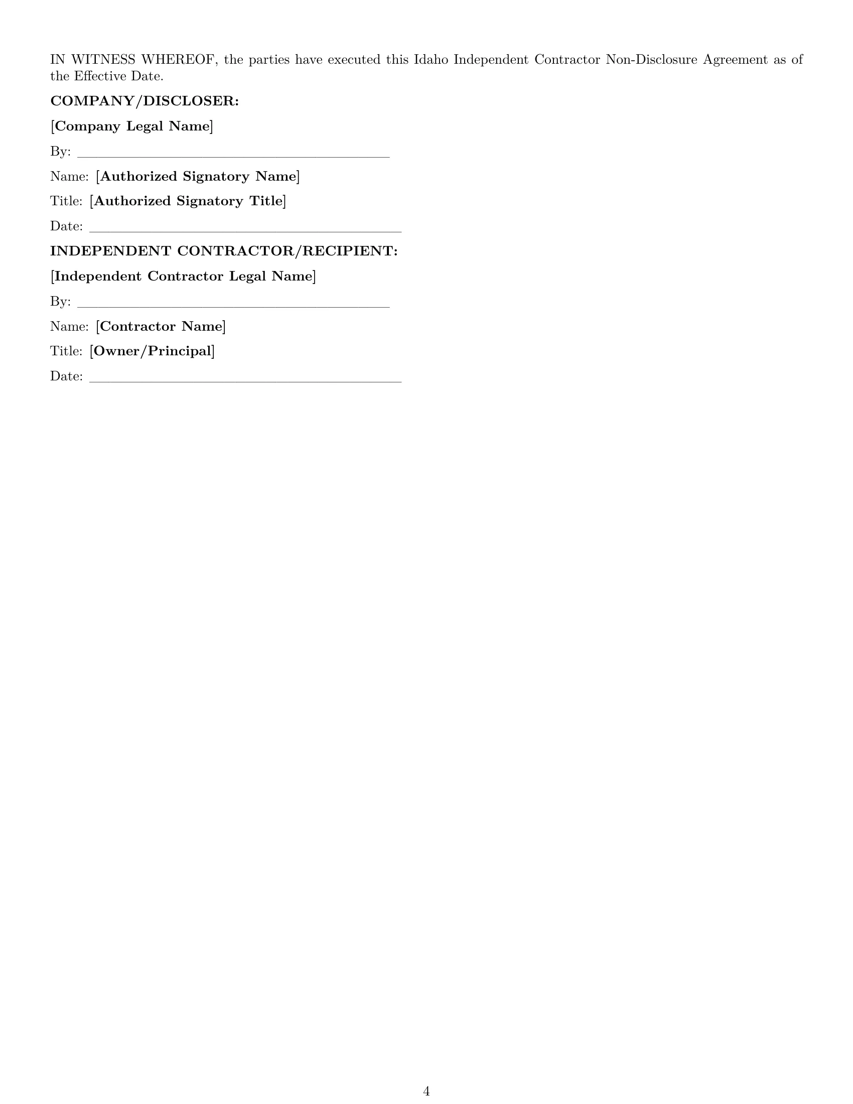 Preview page 4 of Pro Idaho independent contractor nda template