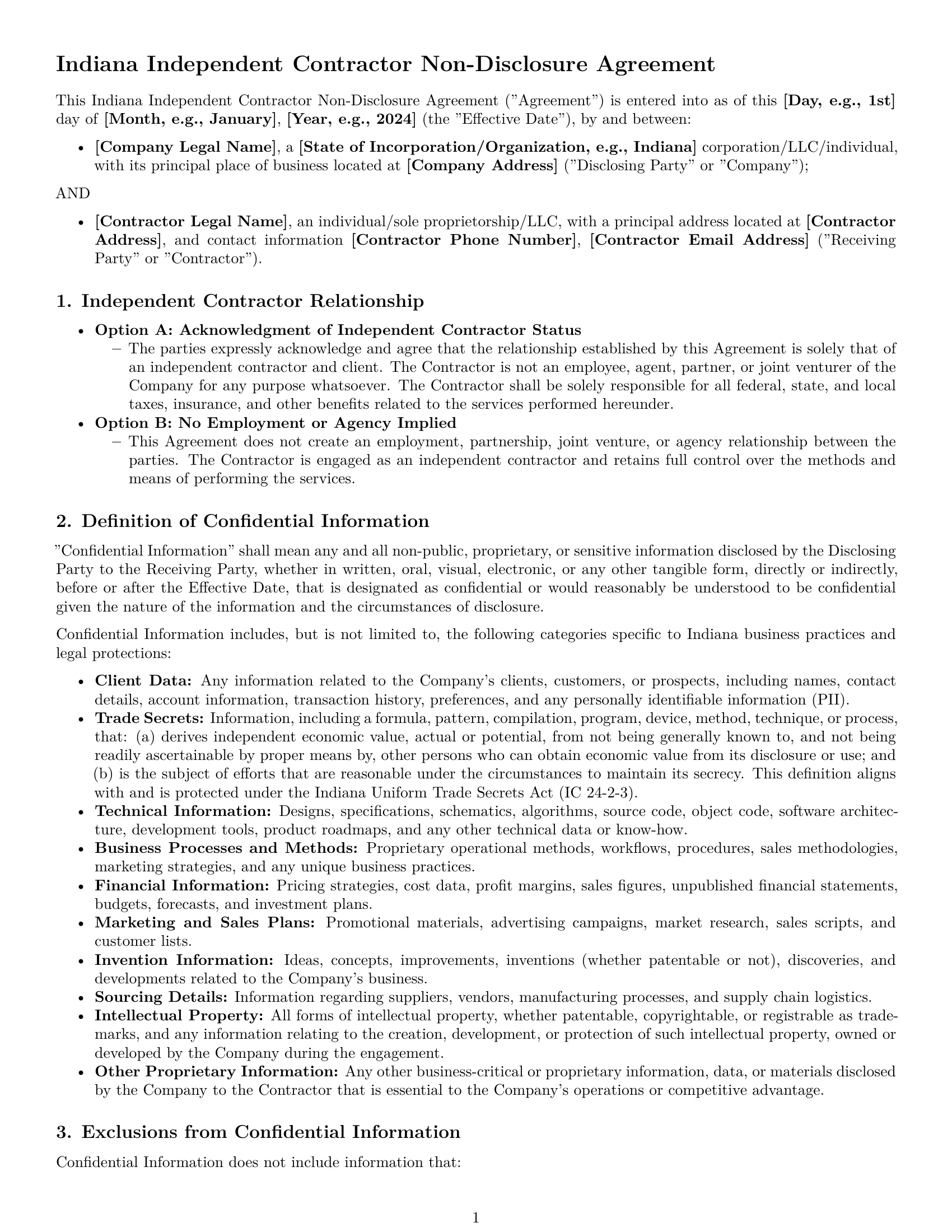Preview page 1 of Pro Indiana independent contractor nda template