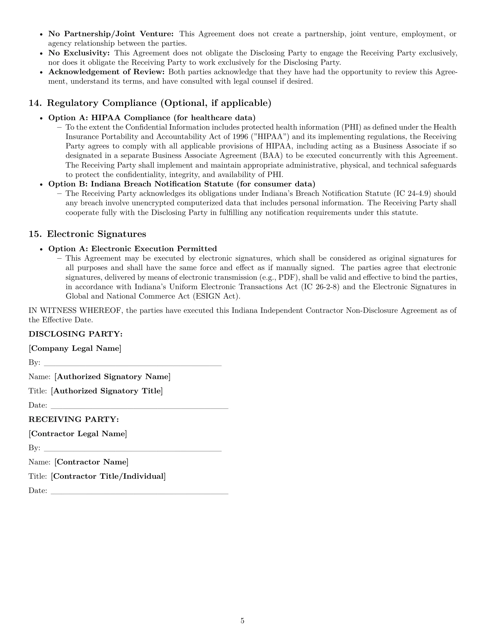 Preview page 5 of Pro Indiana independent contractor nda template