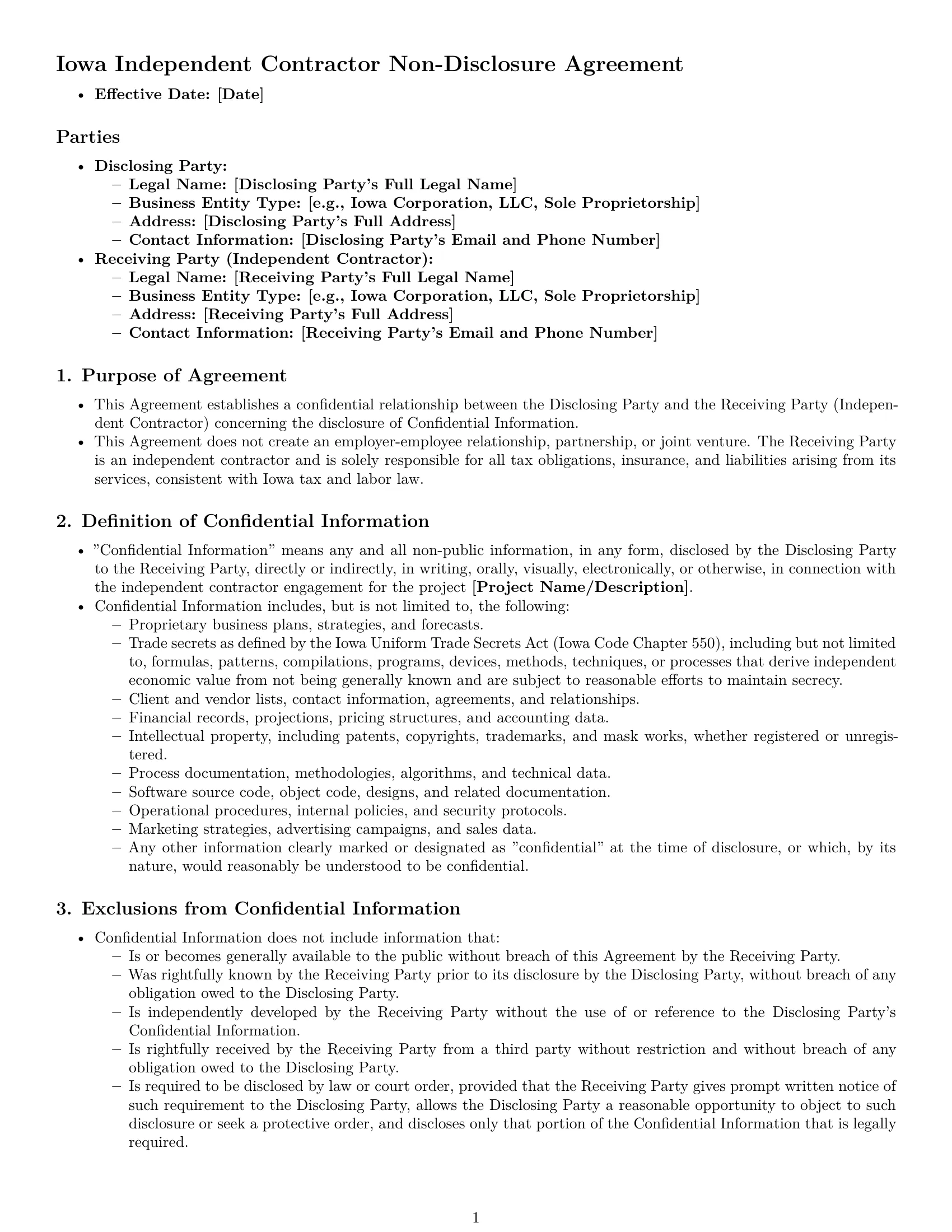 Preview page 1 of Pro Iowa independent contractor nda template