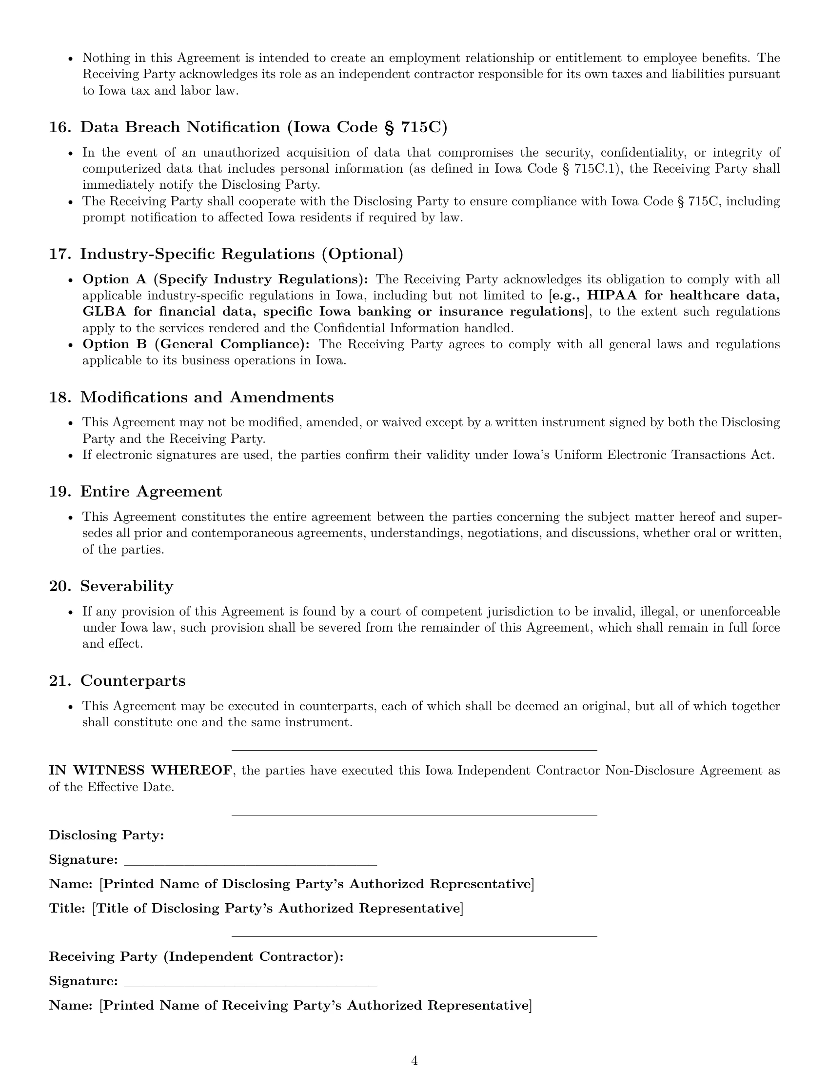 Preview page 4 of Pro Iowa independent contractor nda template