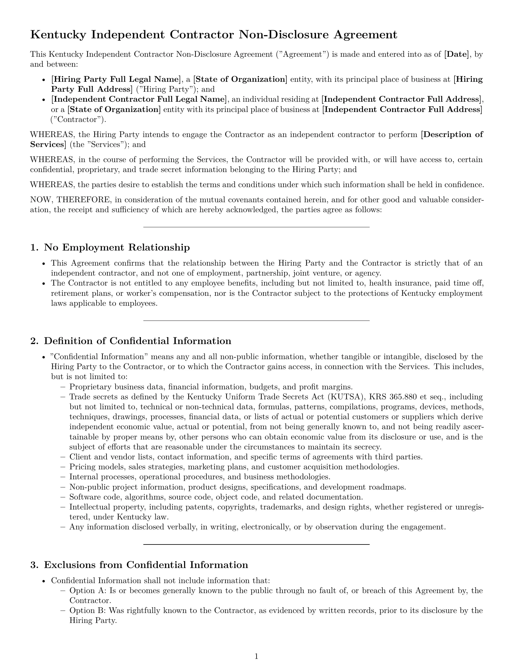 Preview page 1 of Pro Kentucky independent contractor nda template