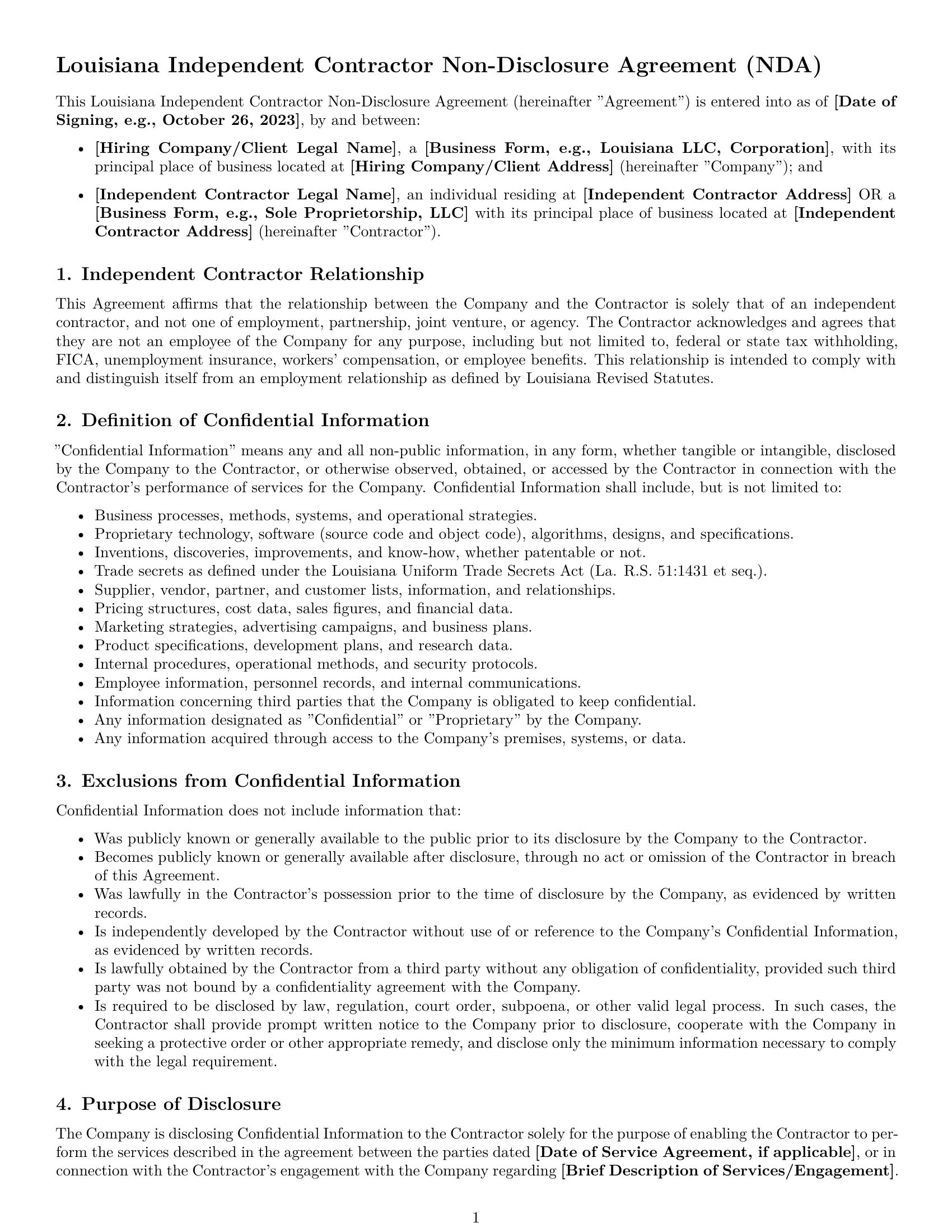 Preview page 1 of Pro Louisiana independent contractor nda template