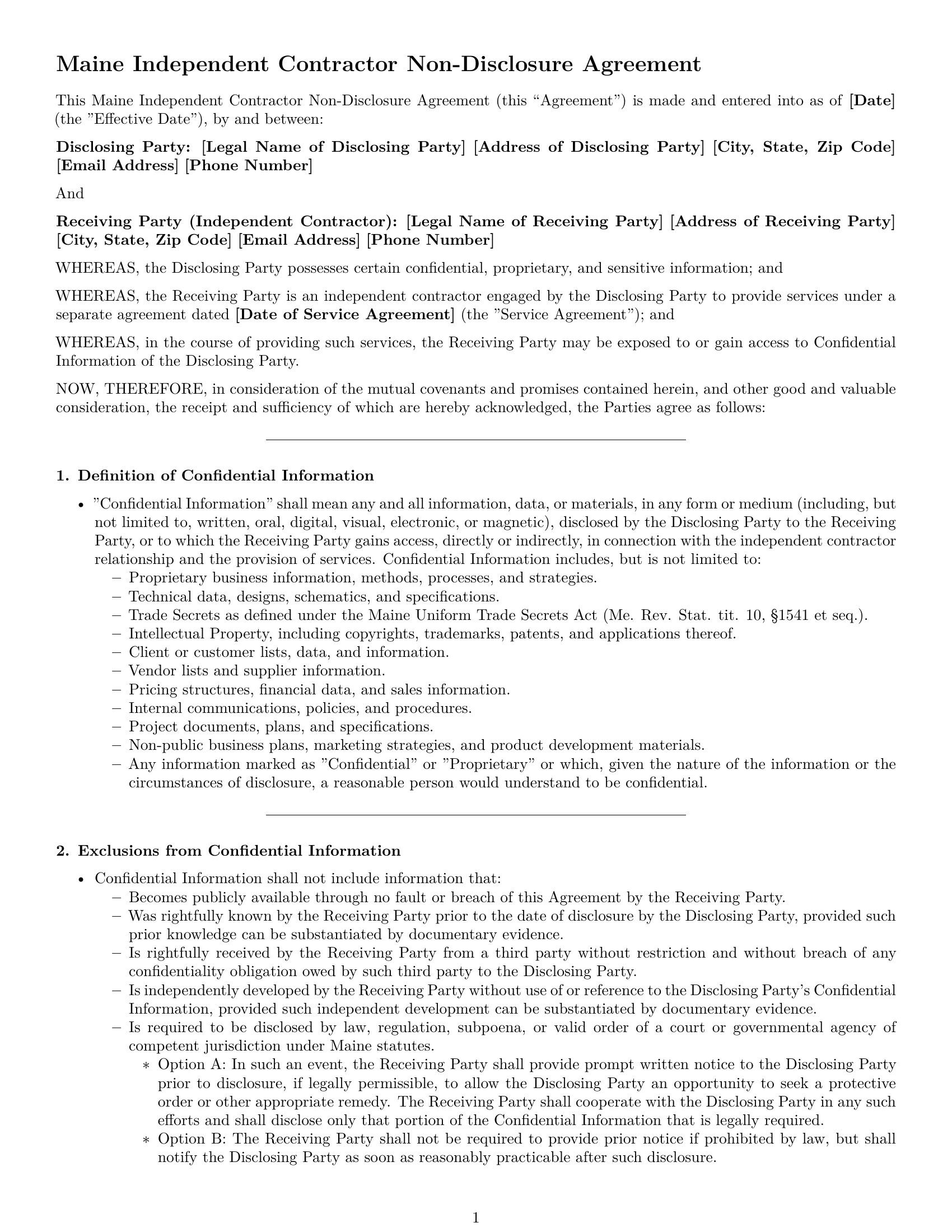Preview page 1 of Pro Maine independent contractor nda template
