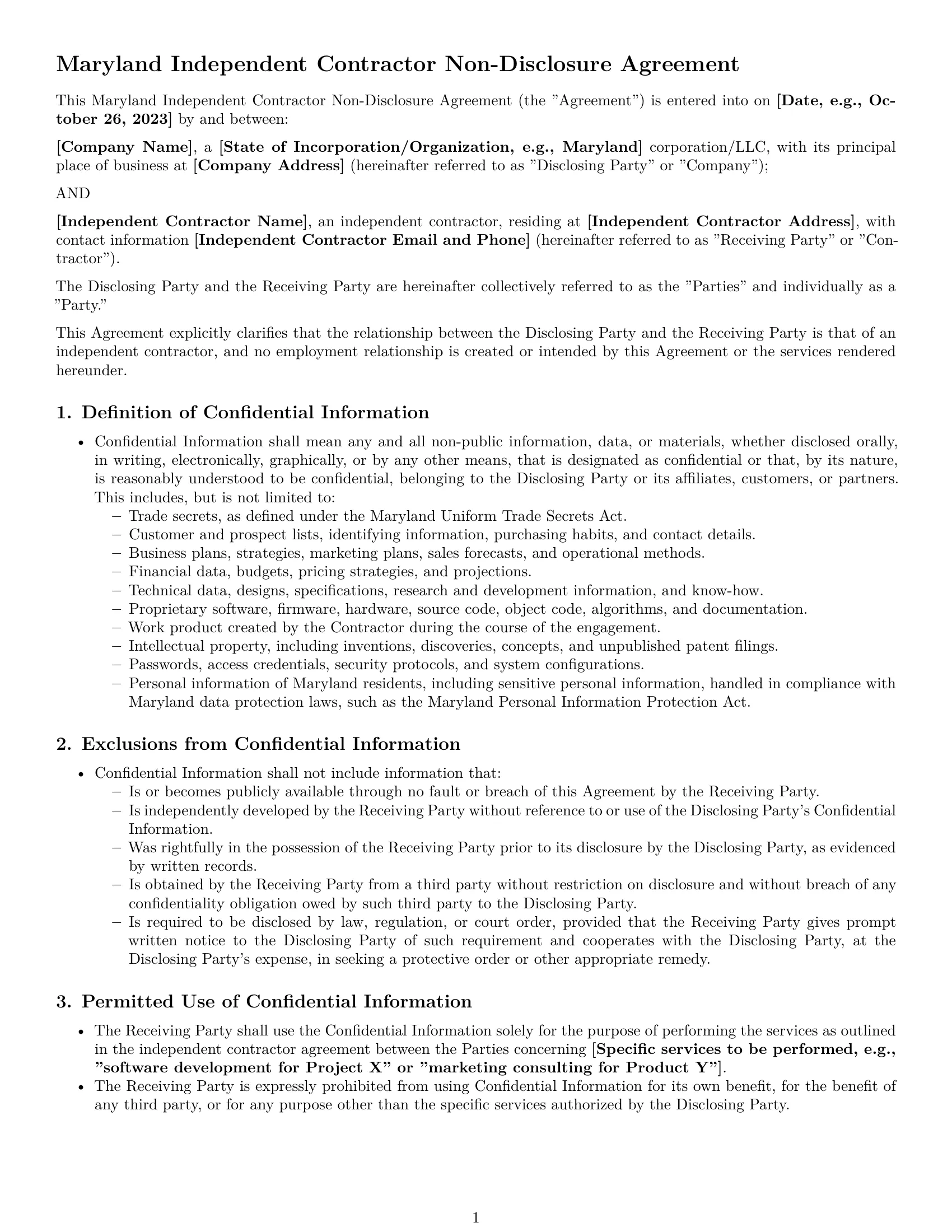 Preview page 1 of Pro Maryland independent contractor nda template