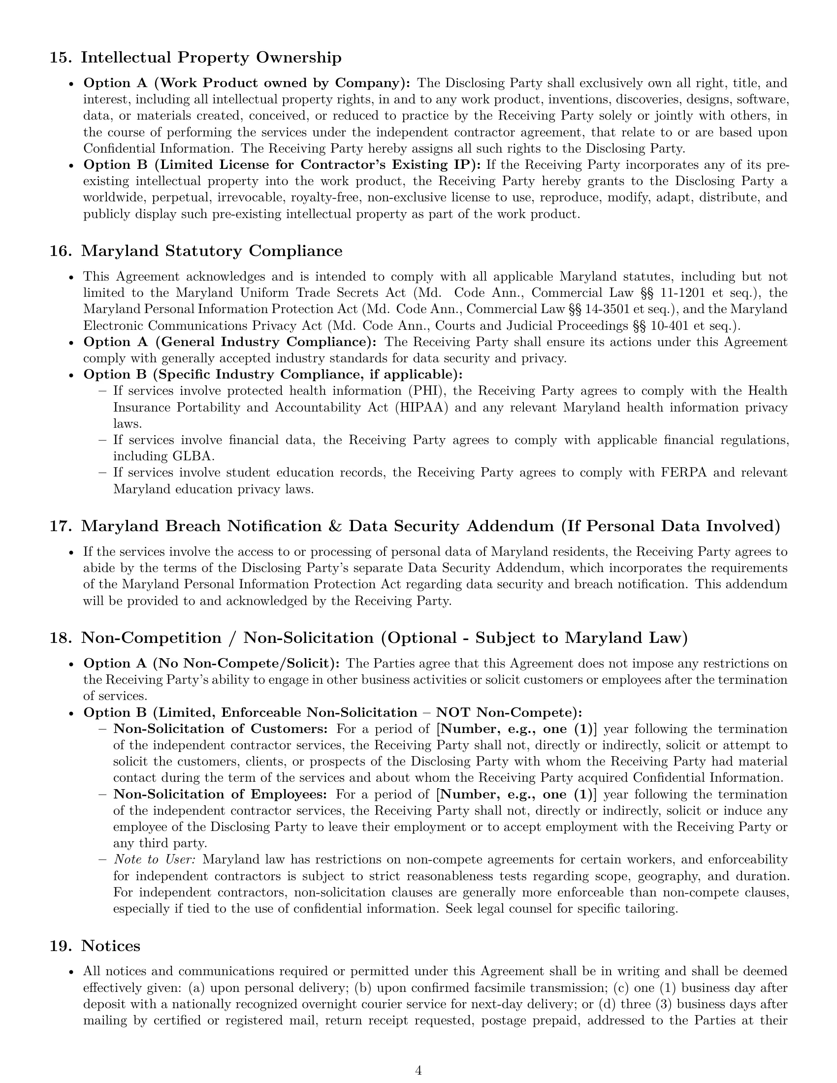 Preview page 4 of Pro Maryland independent contractor nda template
