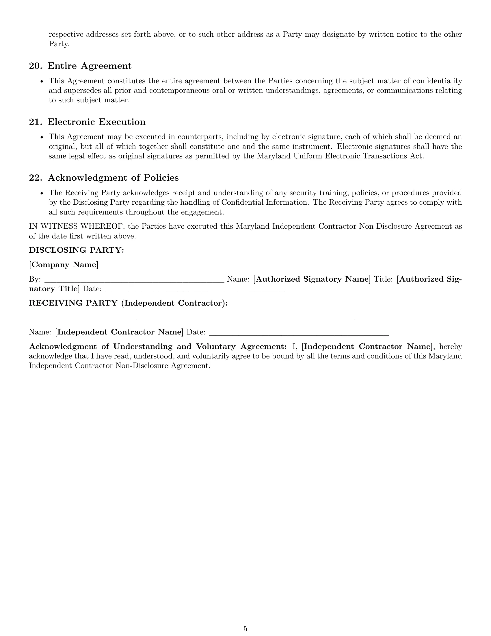 Preview page 5 of Pro Maryland independent contractor nda template