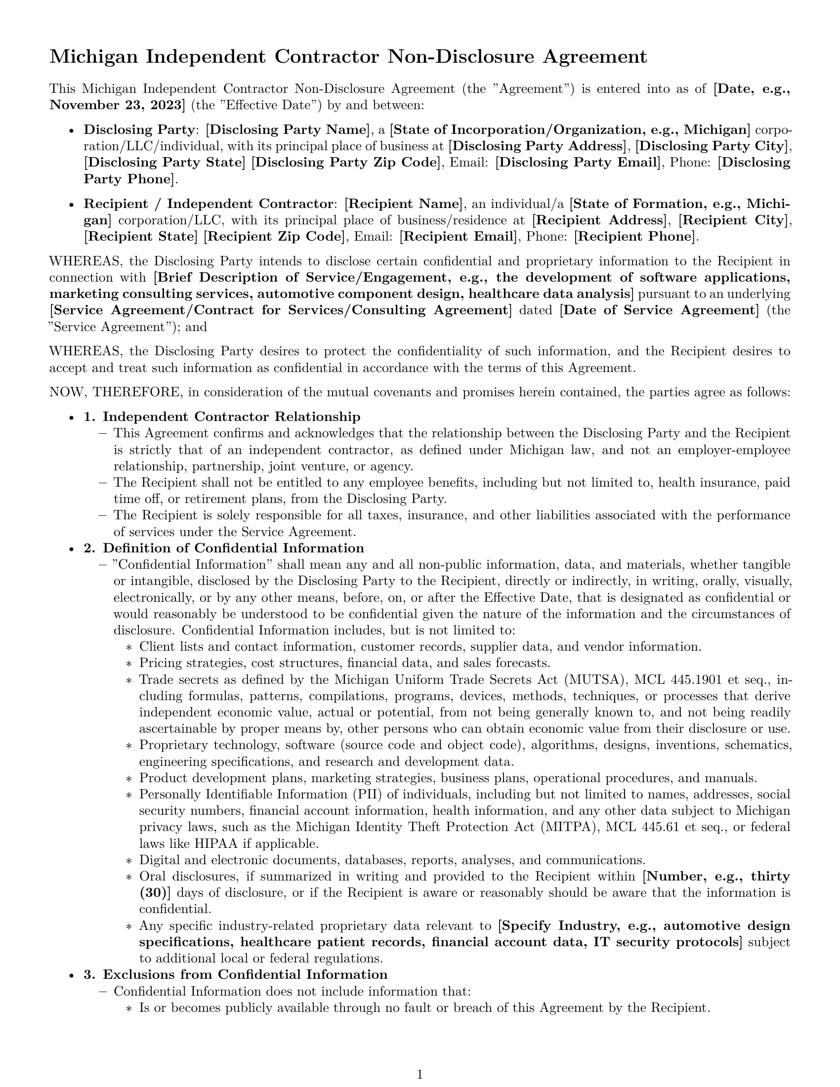 Preview page 1 of Pro Michigan independent contractor nda template