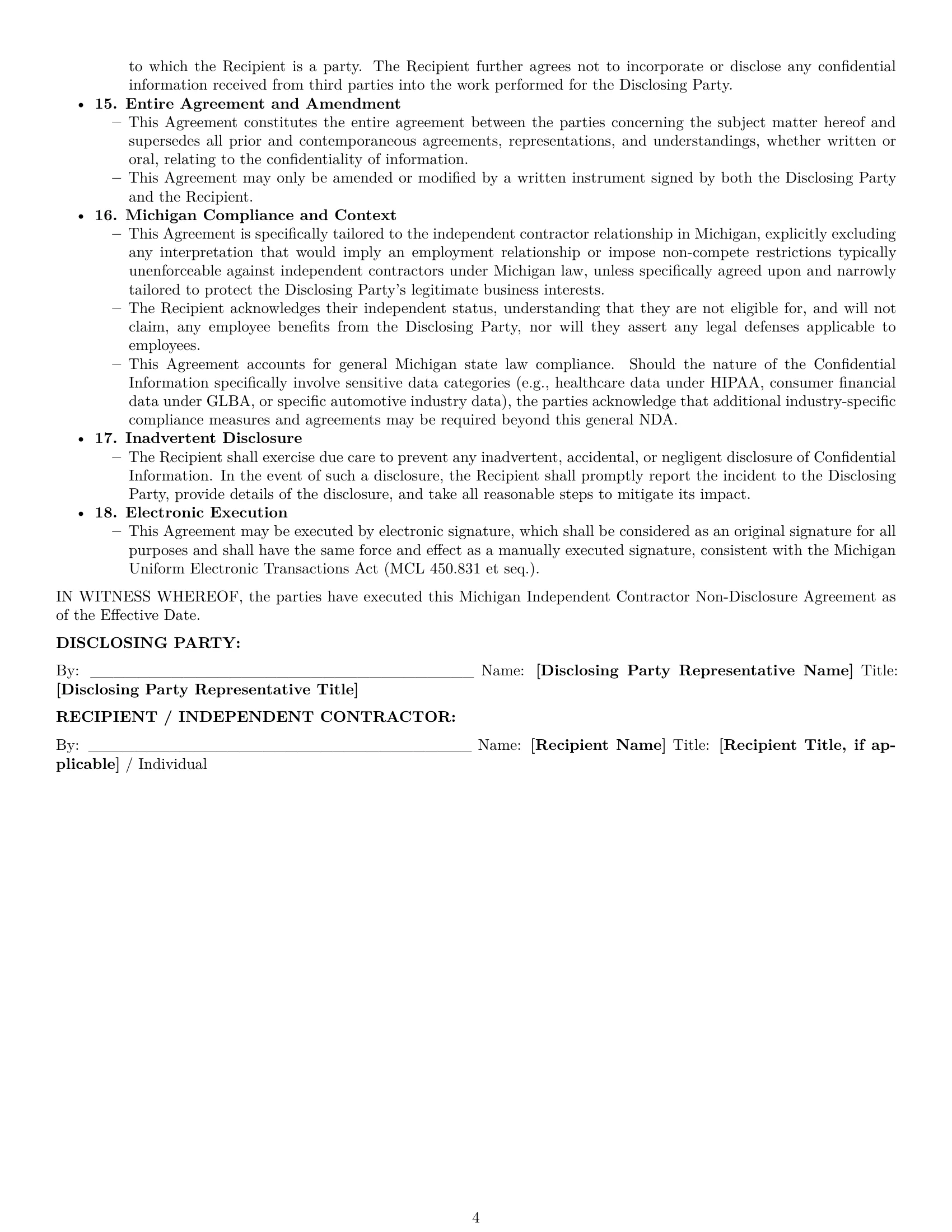 Preview page 4 of Pro Michigan independent contractor nda template