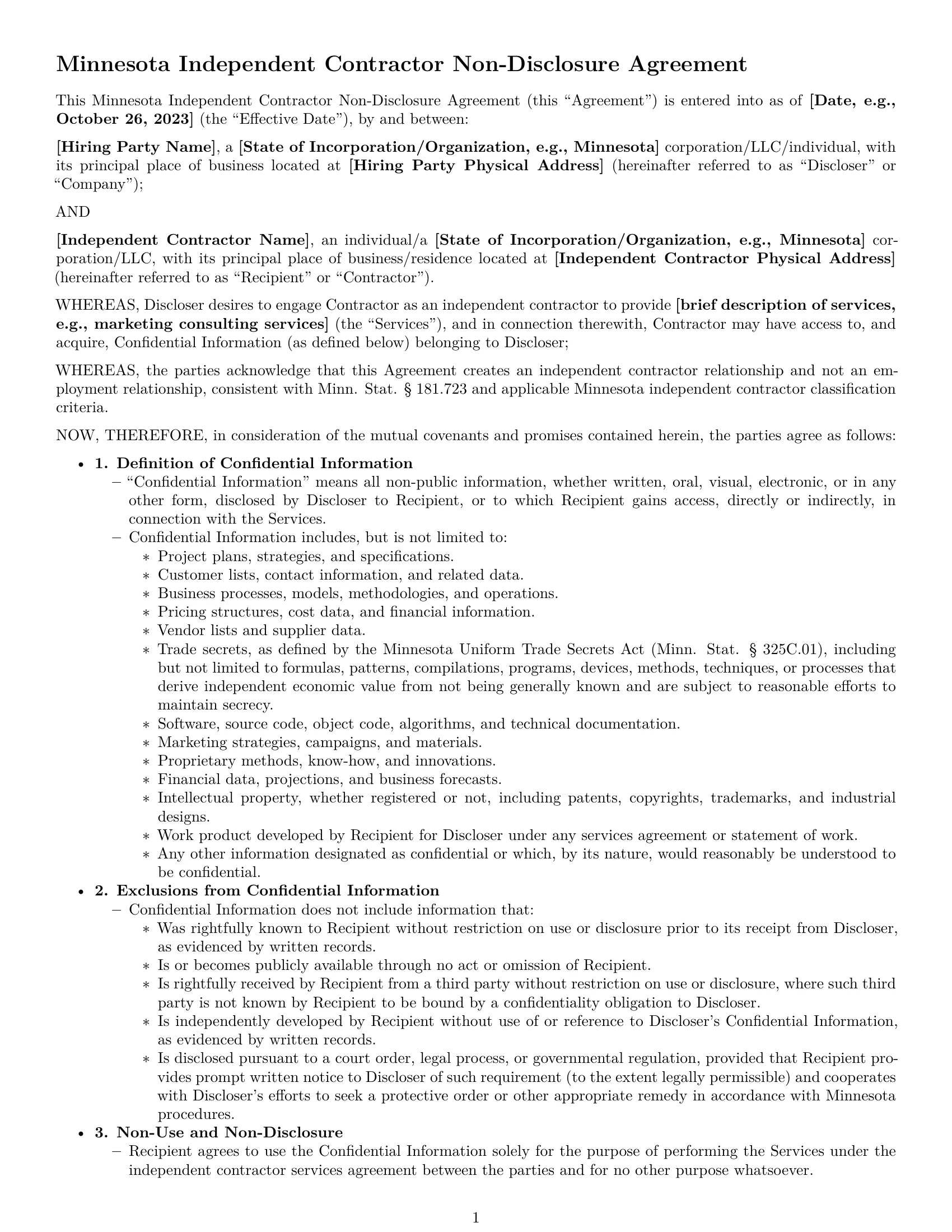 Preview page 1 of Pro Minnesota independent contractor nda template