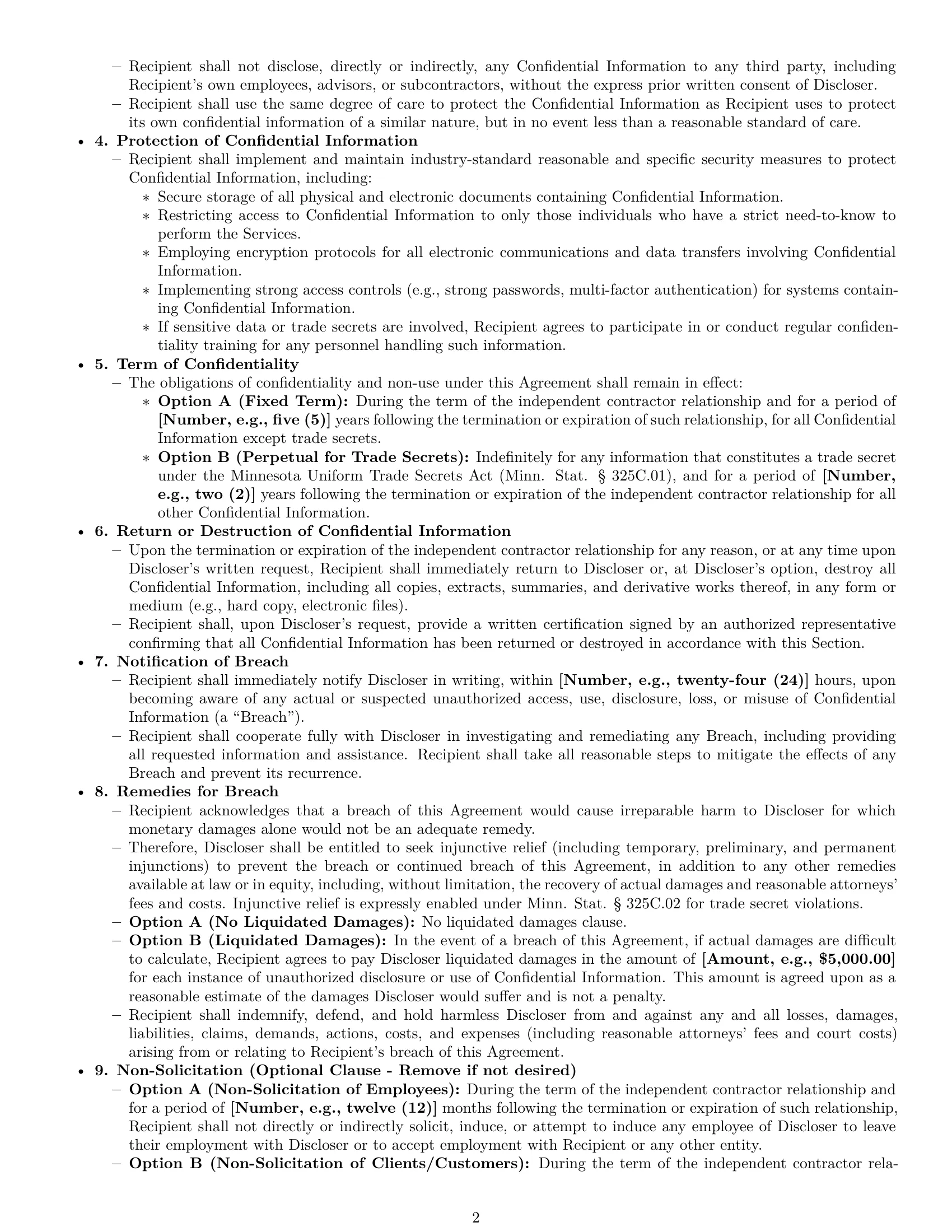 Preview page 2 of Pro Minnesota independent contractor nda template