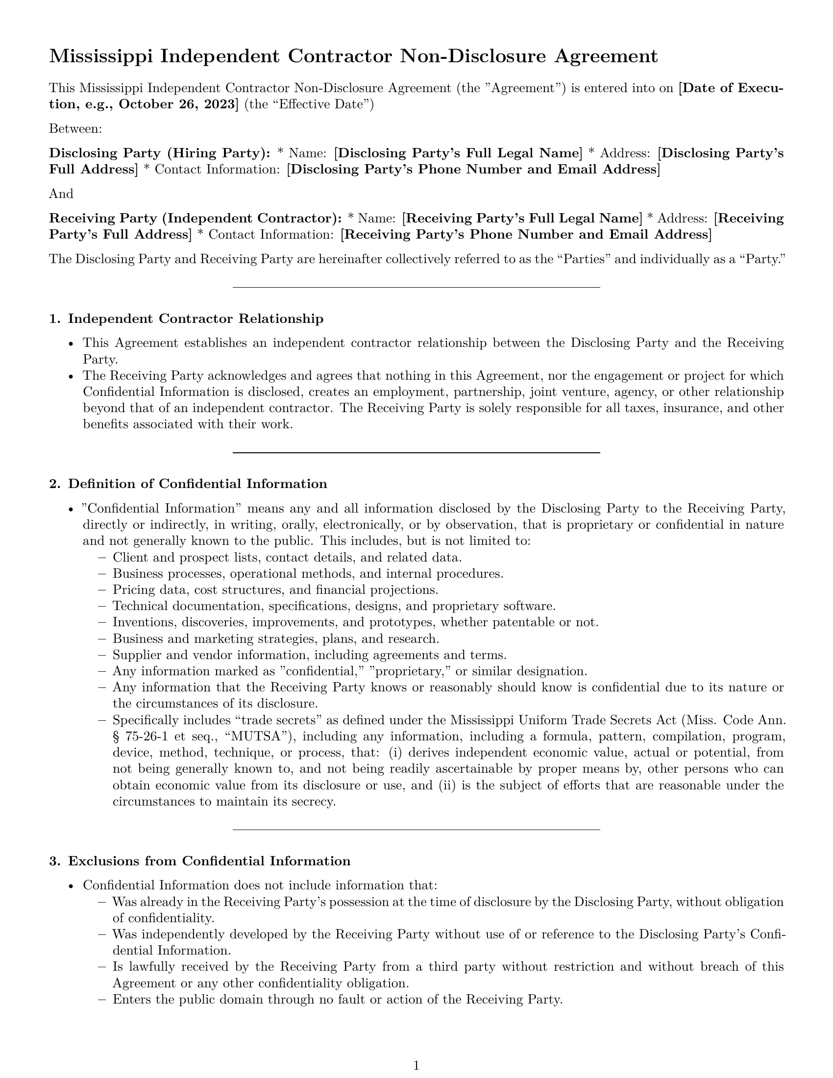 Preview page 1 of Pro Mississippi independent contractor nda template