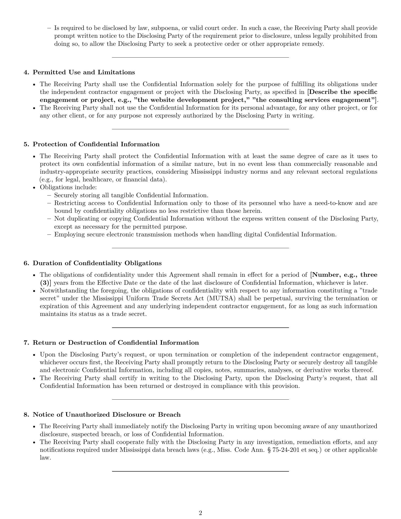 Preview page 2 of Pro Mississippi independent contractor nda template