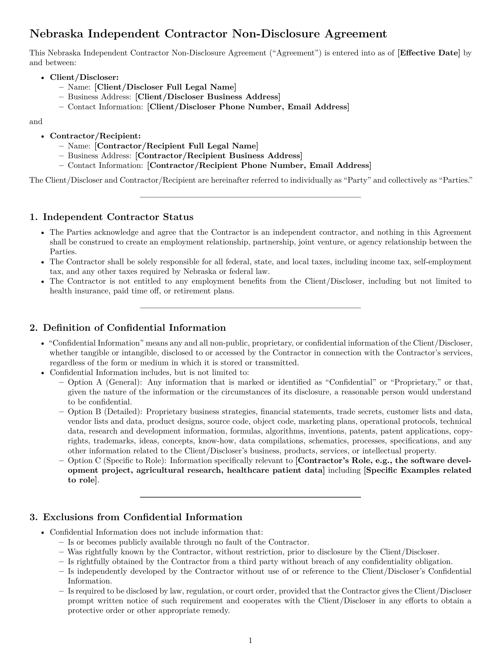 Preview page 1 of Pro Nebraska independent contractor nda template