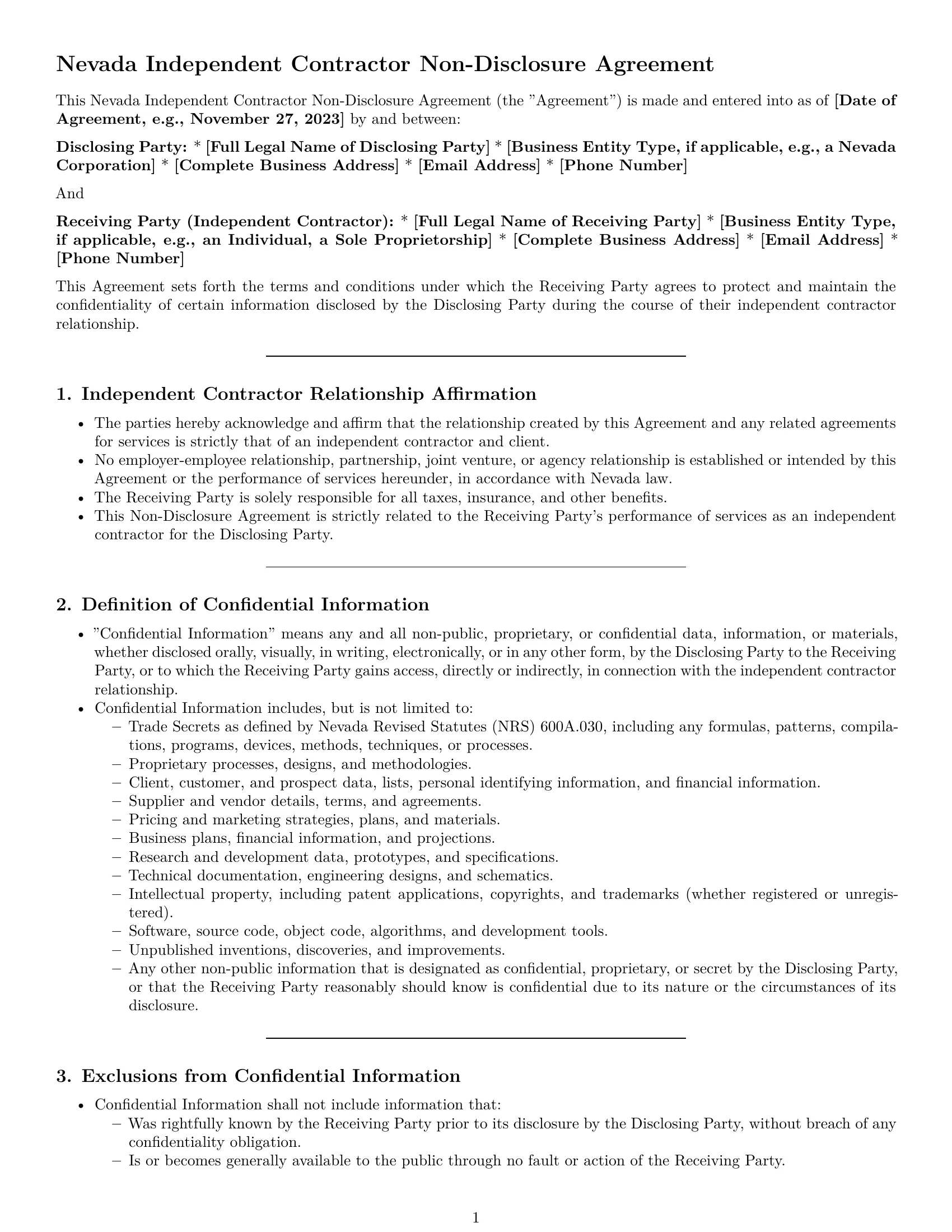 Preview page 1 of Pro Nevada independent contractor nda template