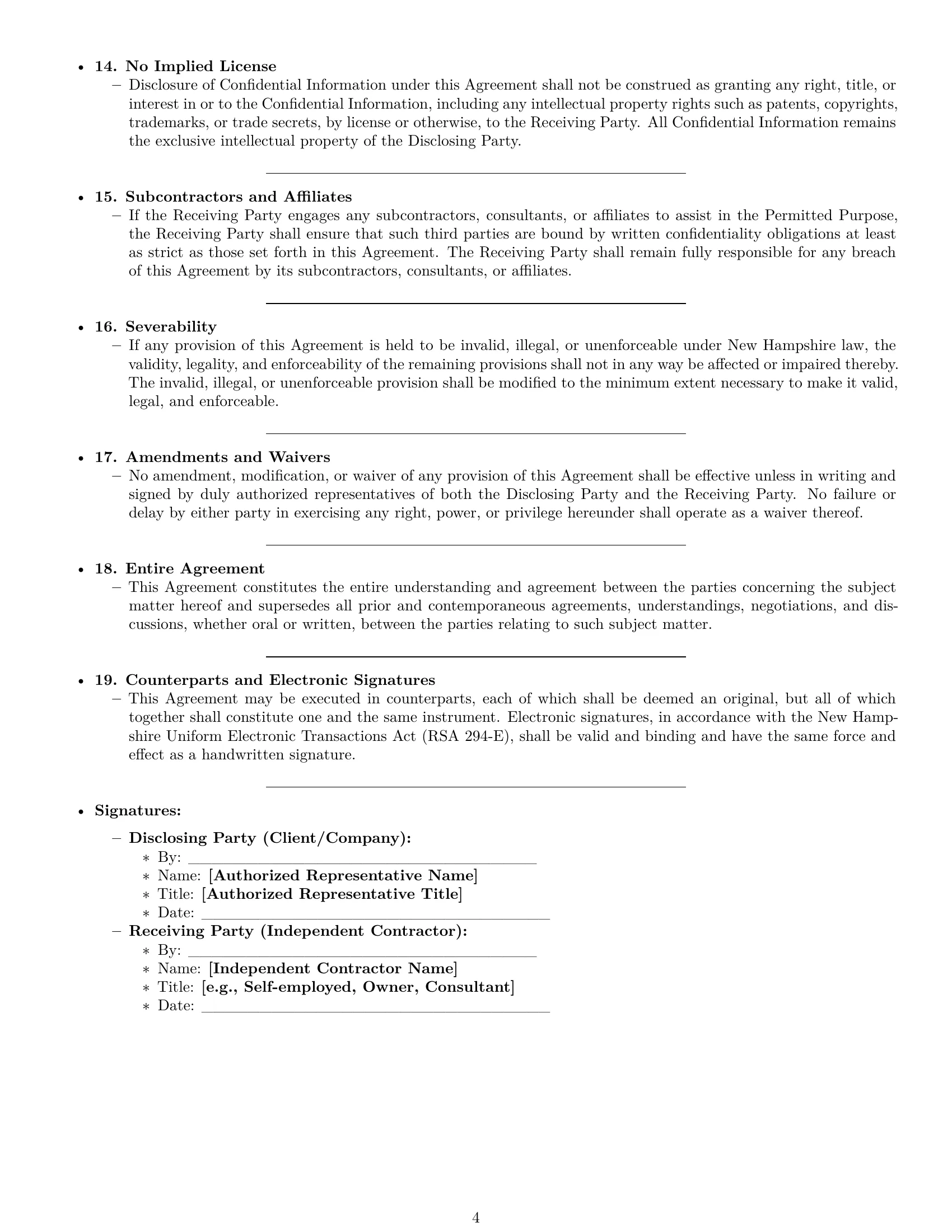 Preview page 4 of Pro New Hampshire independent contractor nda template