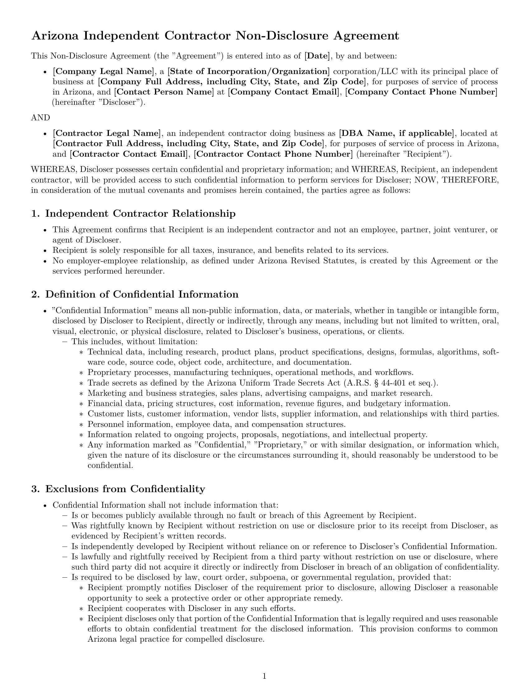 Preview page 1 of Pro Arizona independent contractor nda template
