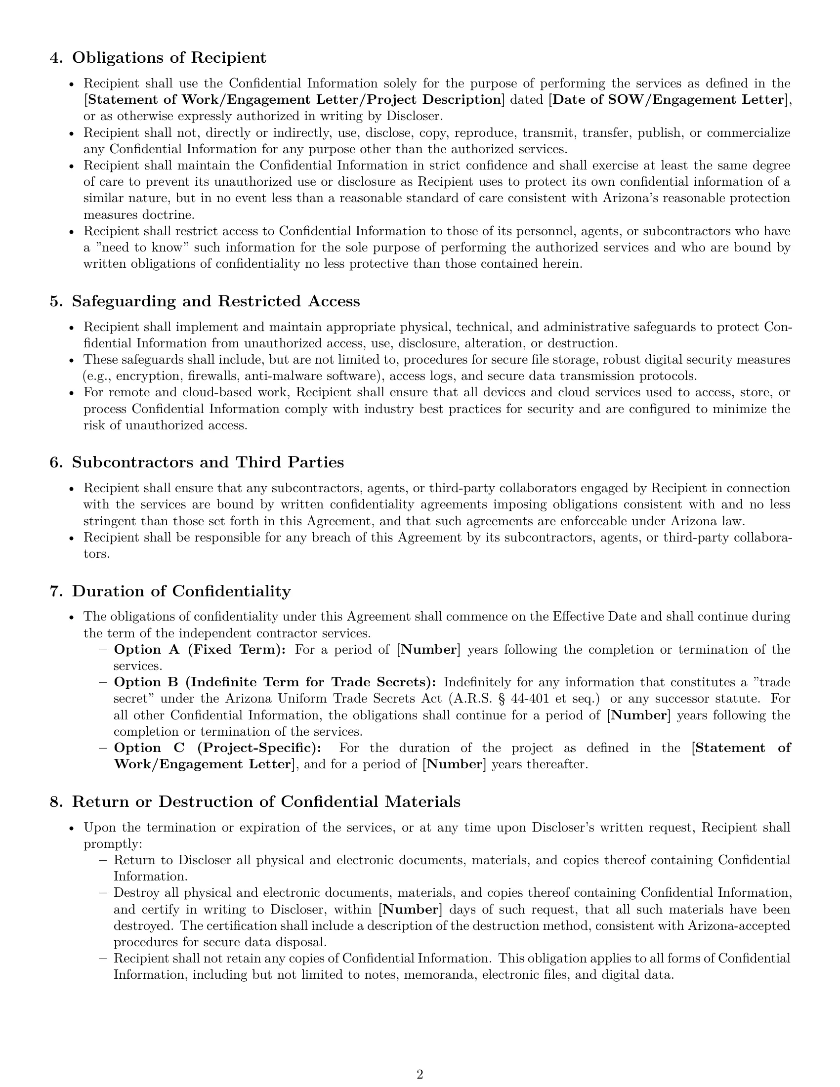 Preview page 2 of Pro Arizona independent contractor nda template