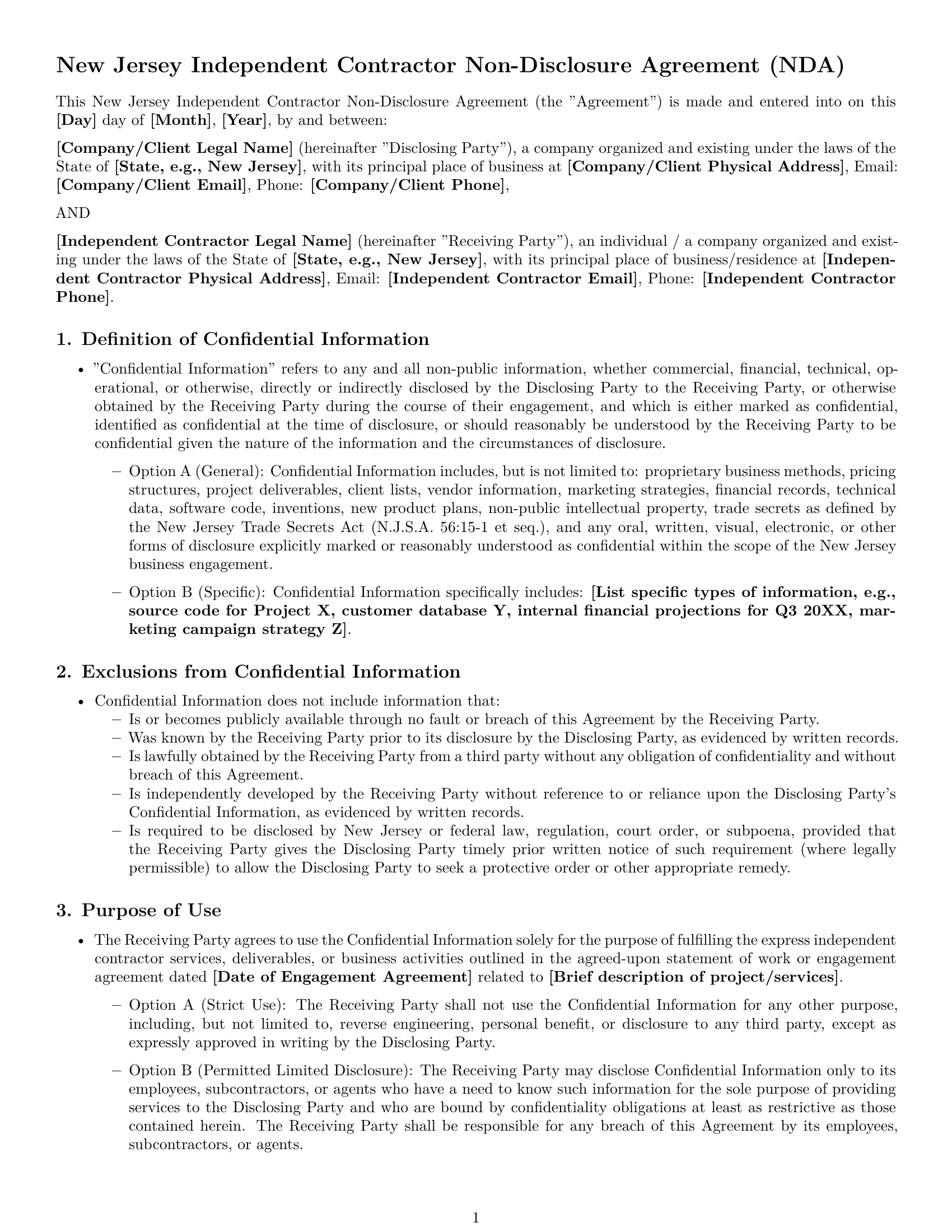 Preview page 1 of Pro New Jersey independent contractor nda template