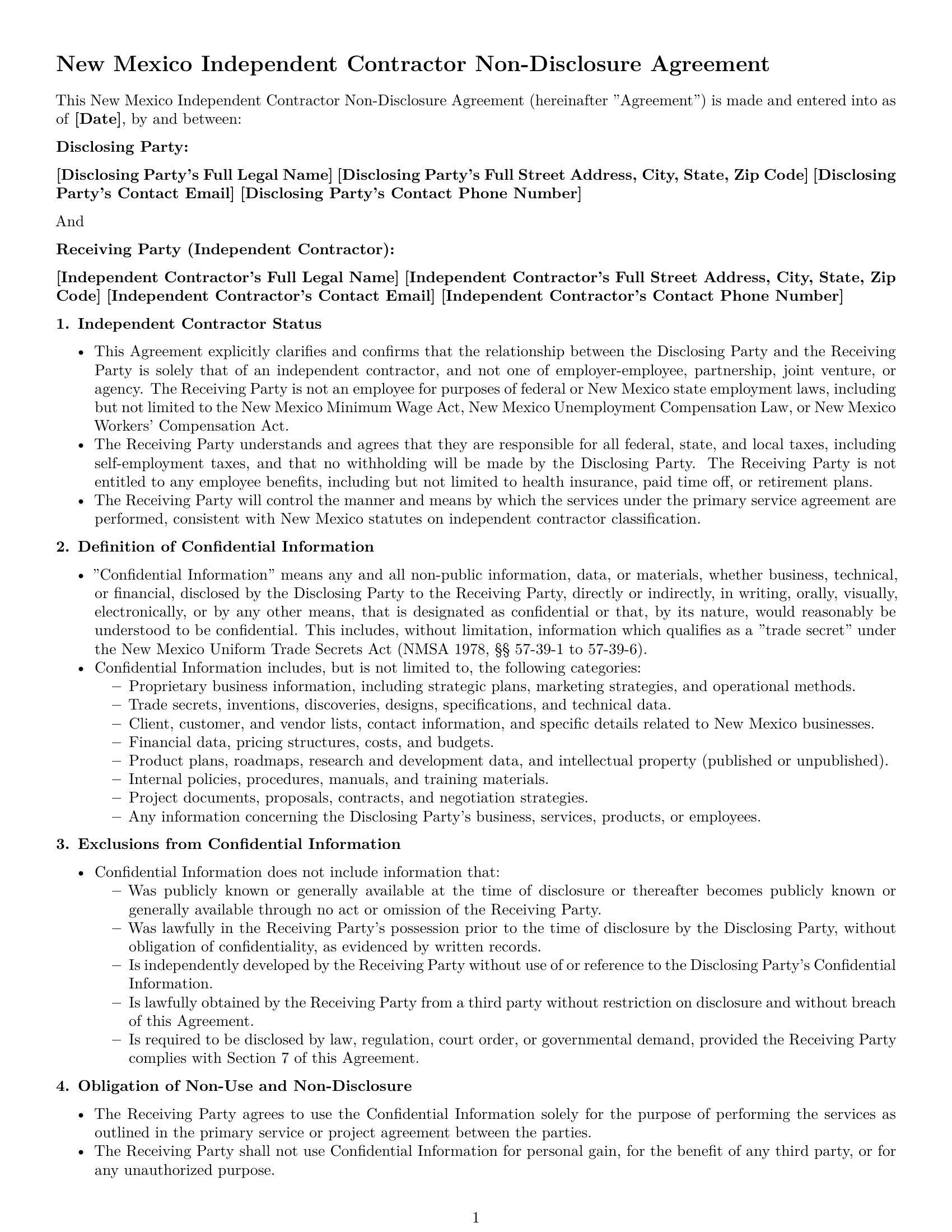 Preview page 1 of Pro New Mexico independent contractor nda template