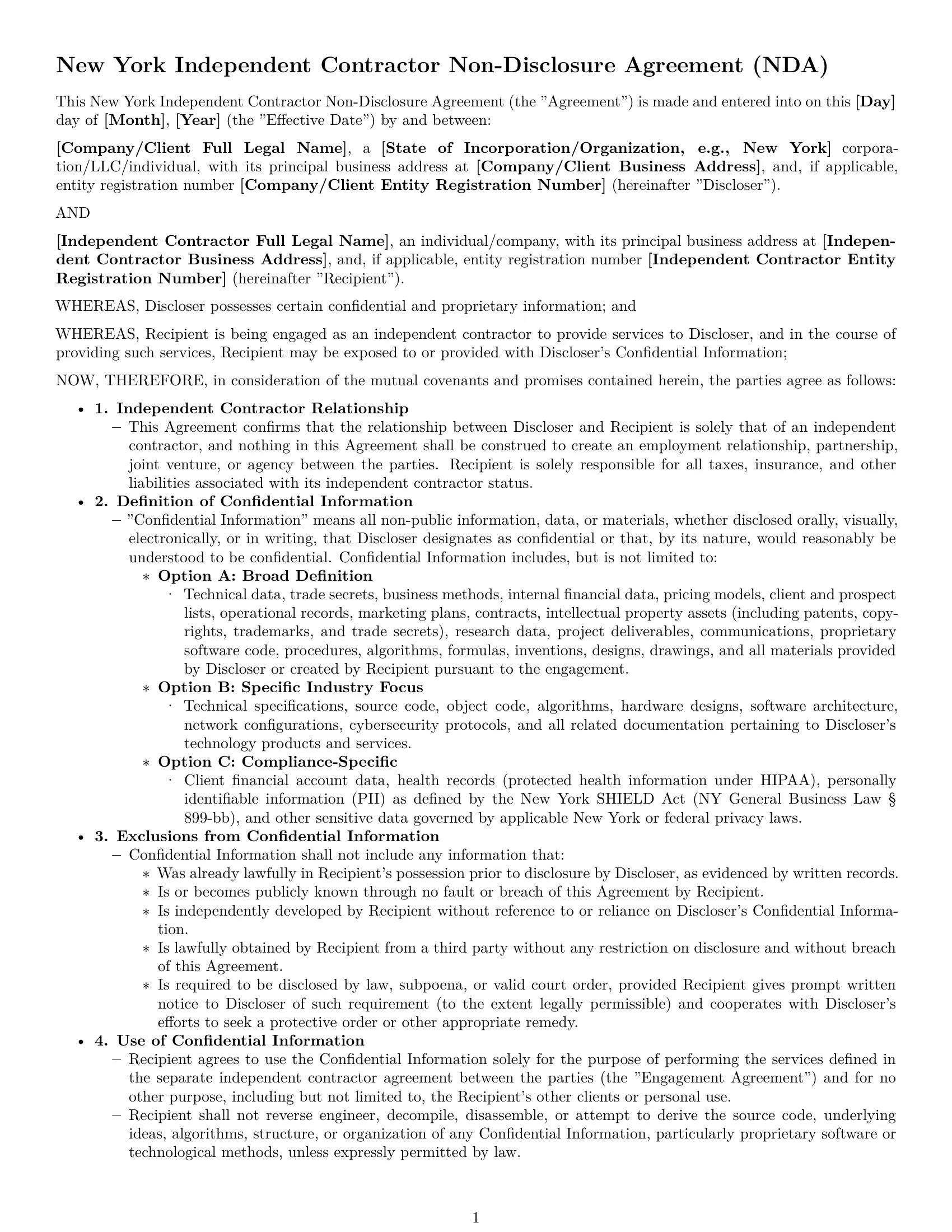 Preview page 1 of Pro New York independent contractor nda template